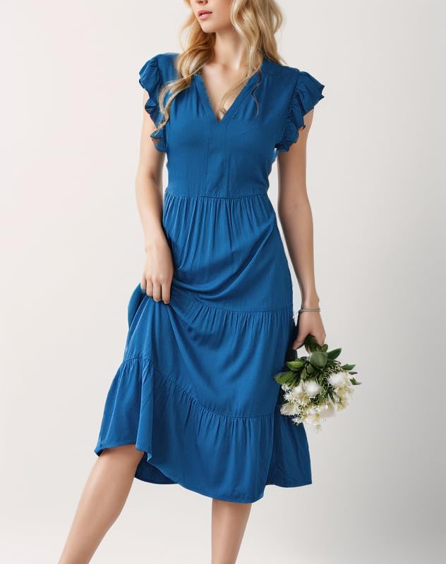 Foto 2 | Vestido De Verano 2024 Con Cuello En V Vintage Y Manga Acampanada, Midi, Azul Marino - Venta Internacional.