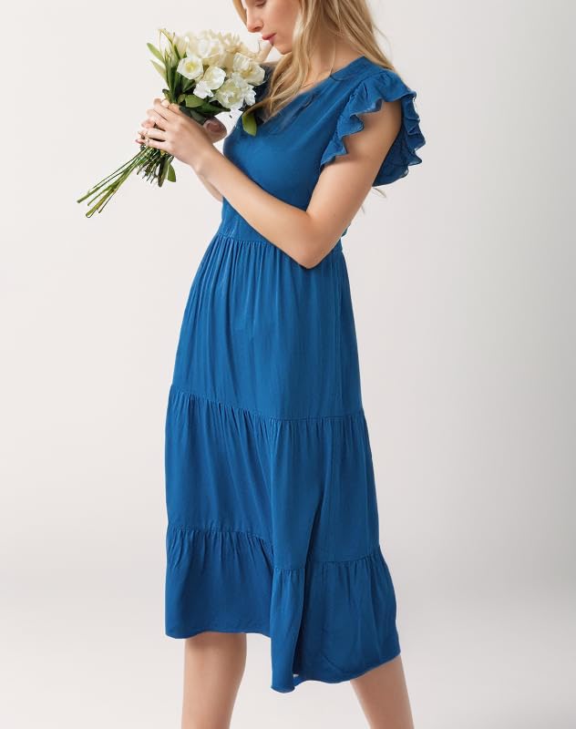 Foto 4 pulgar | Vestido De Verano 2024 Con Cuello En V Vintage Y Manga Acampanada, Midi, Azul Marino - Venta Internacional.