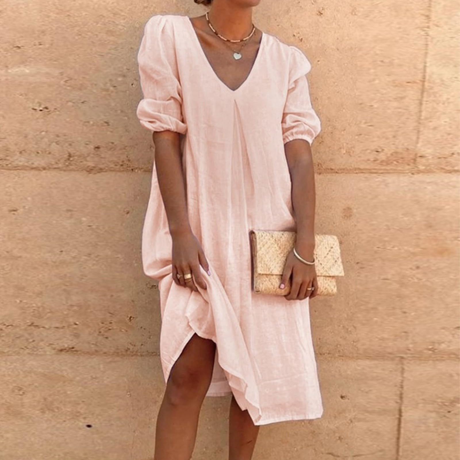 Foto 3 pulgar | Vestido Casual De Lino Con Cuello En V Y Manga Corta Para Mujer, Naranja - Venta Internacional.