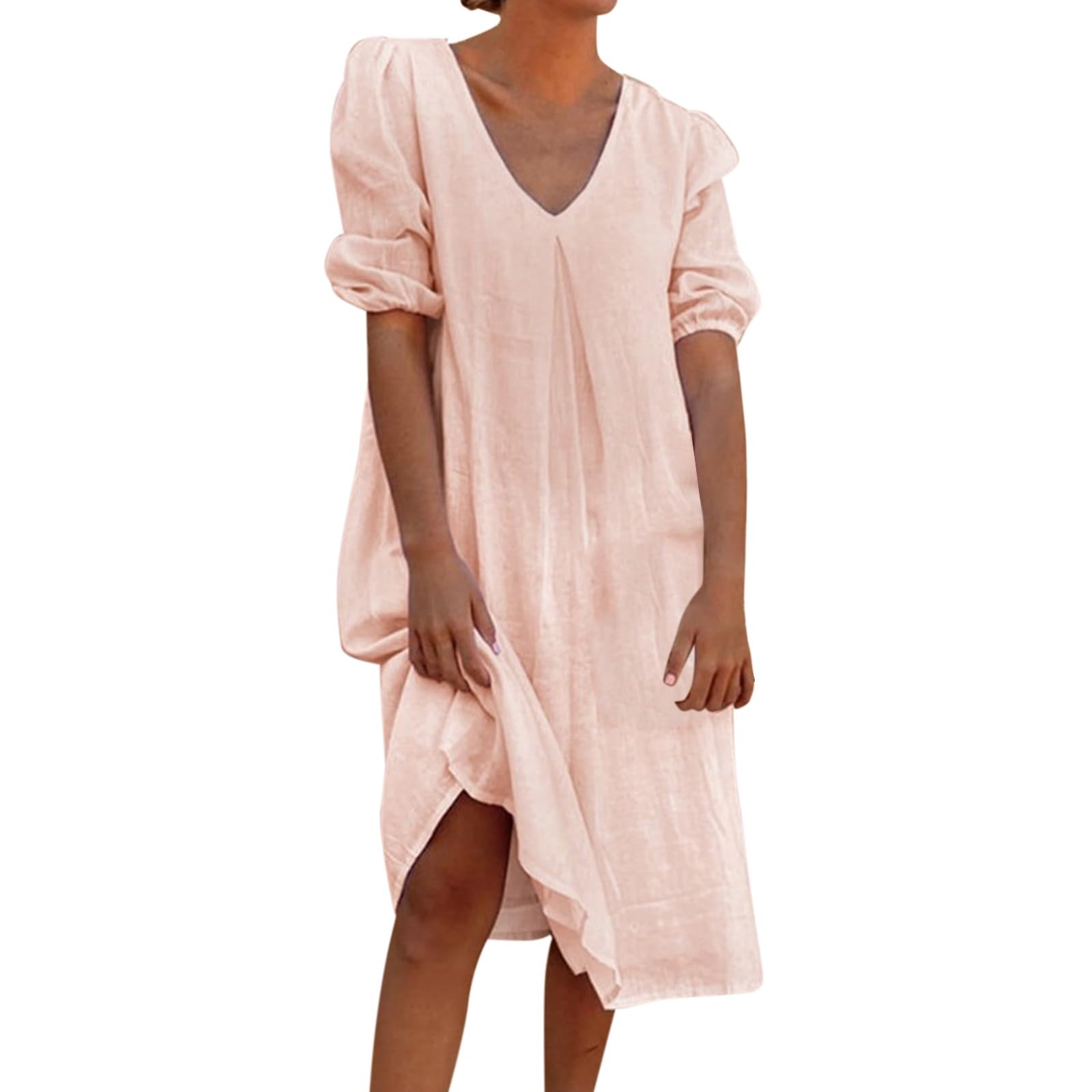 Foto 4 pulgar | Vestido Casual De Lino Con Cuello En V Y Manga Corta Para Mujer, Naranja - Venta Internacional.