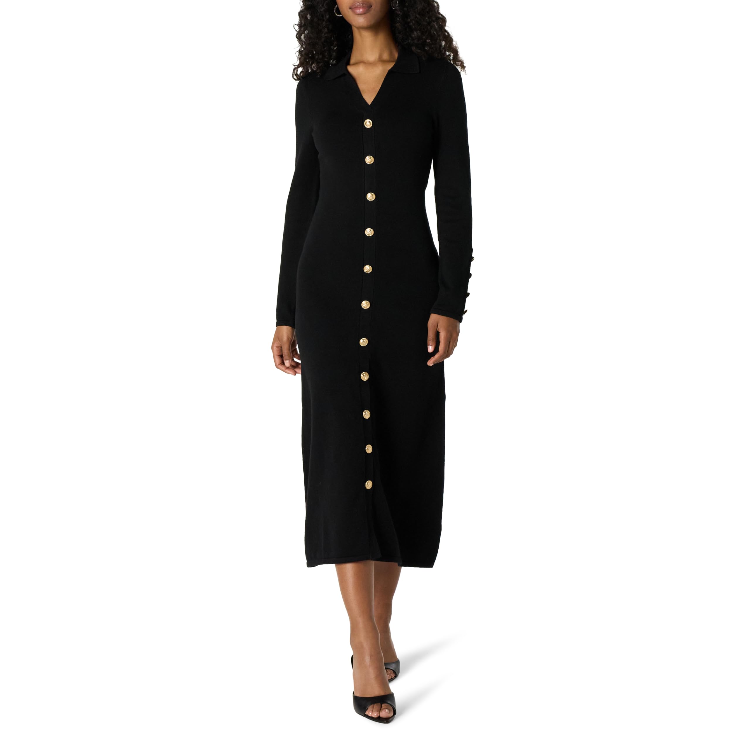 Foto 2 pulgar | Vestido Midi Tipo Suéter The Drop Negro Con Botón Dorado Para Mujer - Venta Internacional.