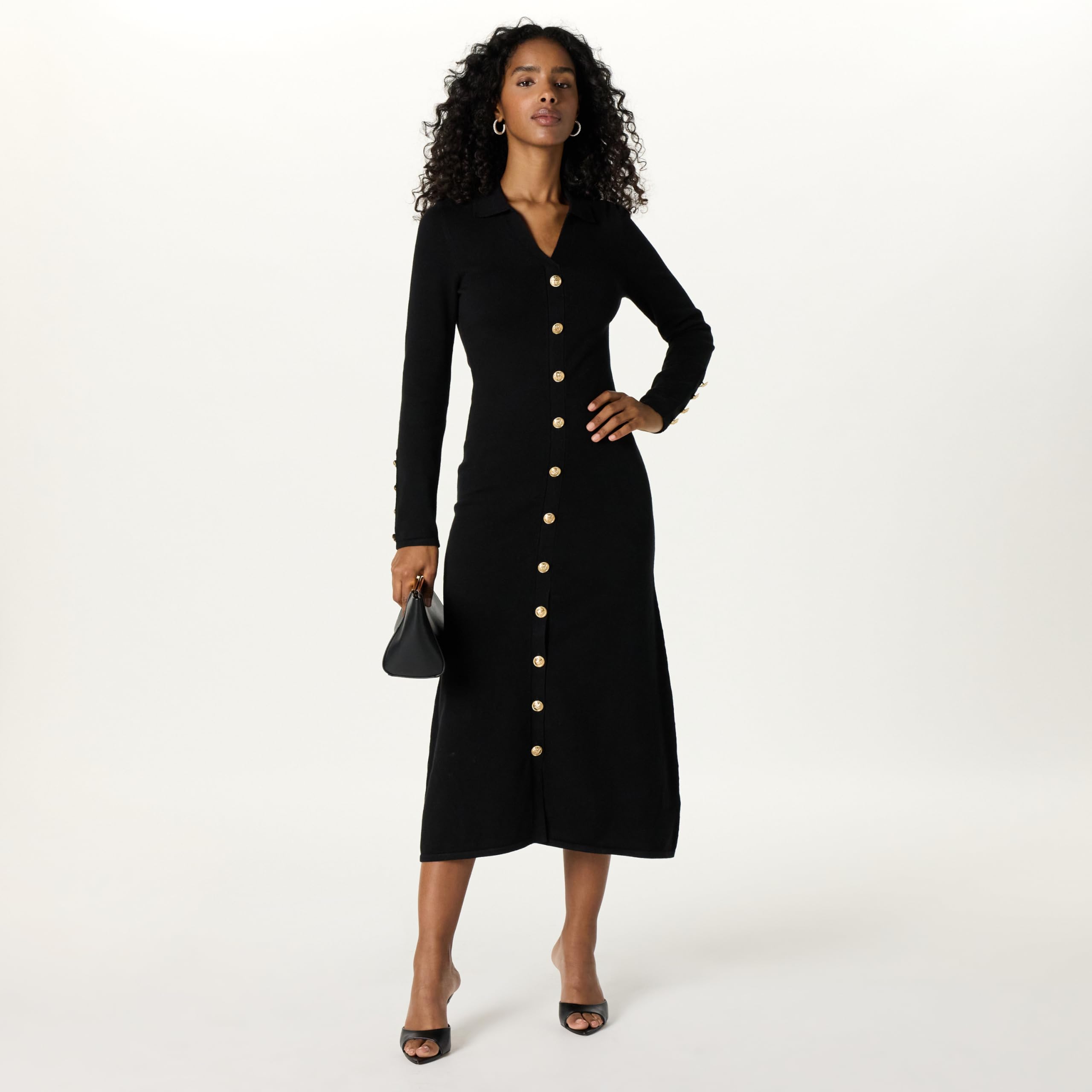 Foto 5 pulgar | Vestido Midi Tipo Suéter The Drop Negro Con Botón Dorado Para Mujer - Venta Internacional.