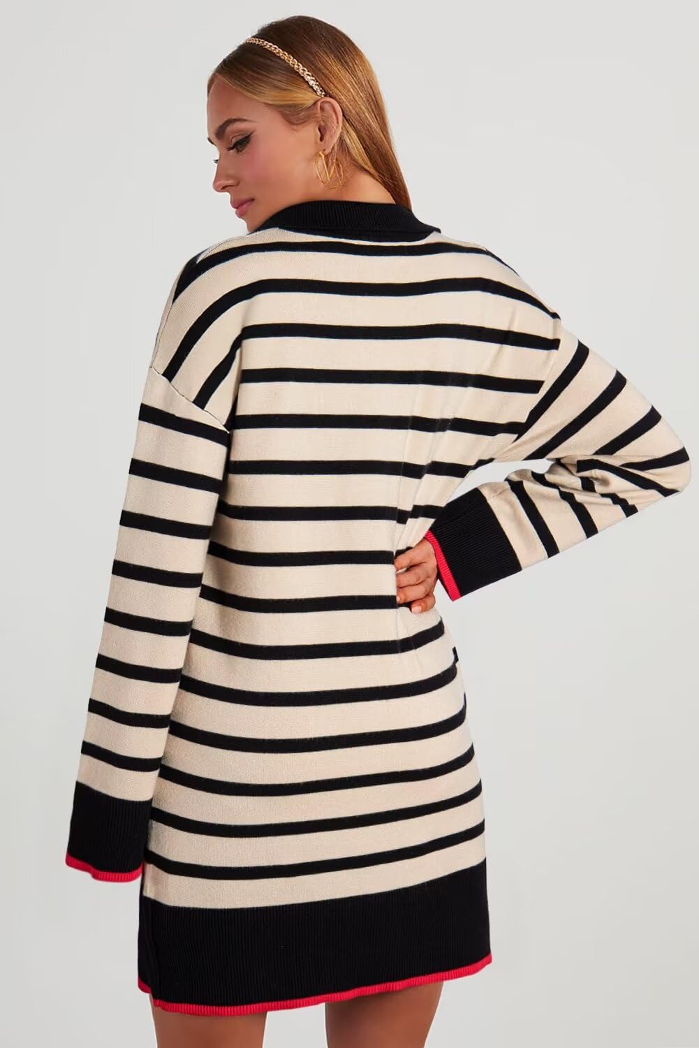 Foto 4 pulgar | Vestido Casual Dokotoo Para Mujer De Manga Larga A Rayas Color Albaricoque - Venta Internacional.
