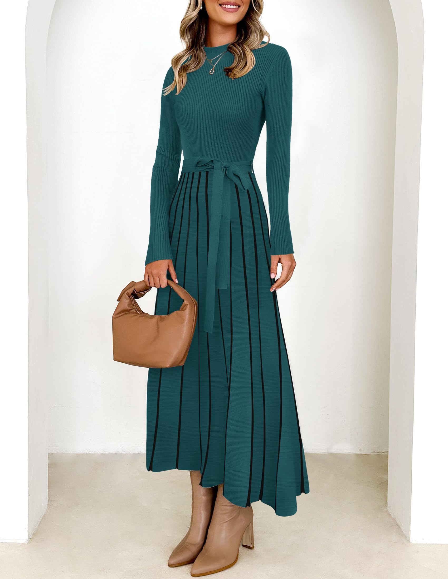 Foto 4 pulgar | Vestido Tipo Jersey Zesica Para Mujer, Cuello Alto, Primavera, Color Verde Azulado, Talla M - Venta Internacional.