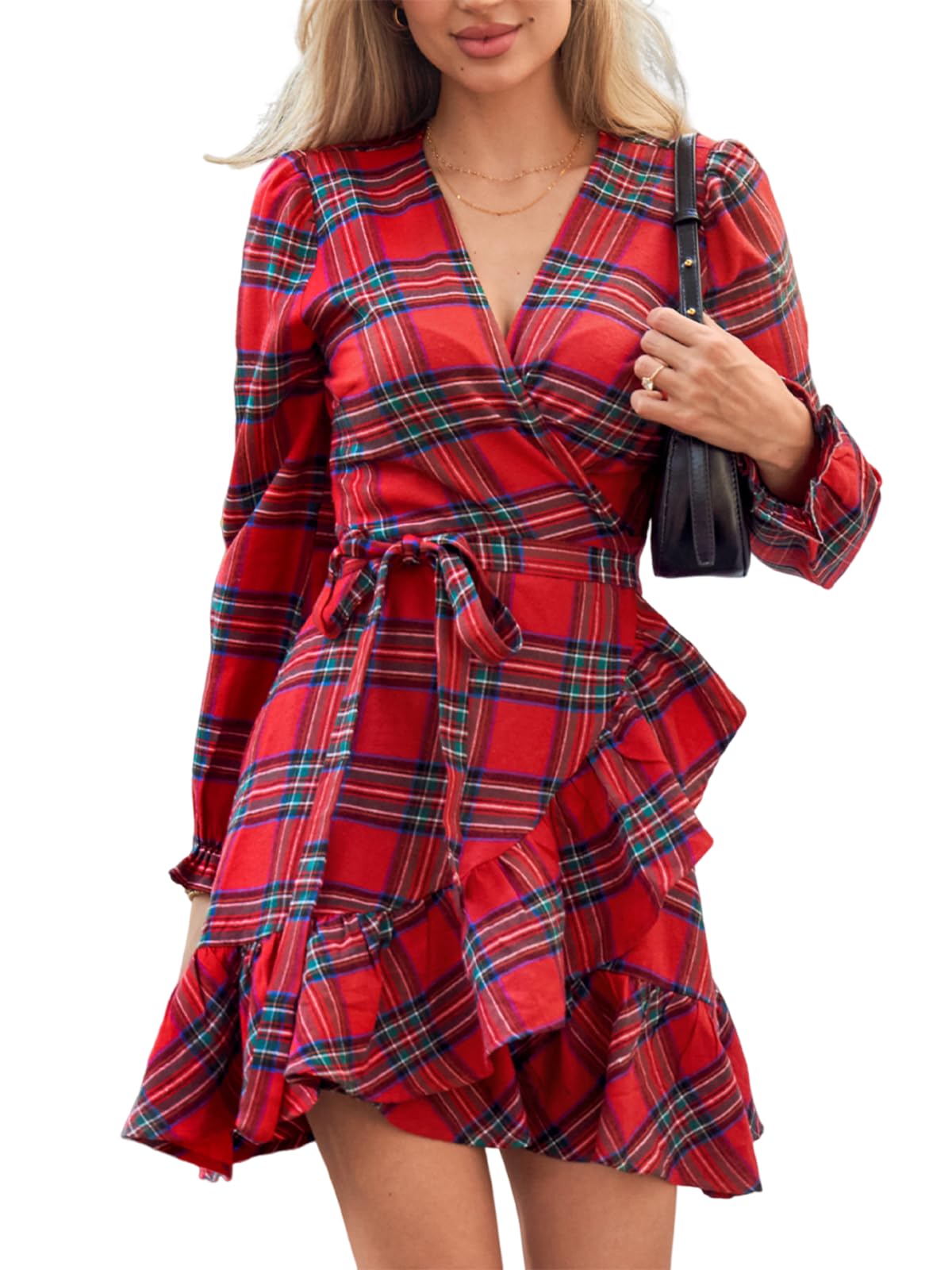 Foto 2 pulgar | Vestido Cupshe De Manga Larga Con Cuello En V Y Cuello En V Rojo A Cuadros Para Mujer - Venta Internacional.
