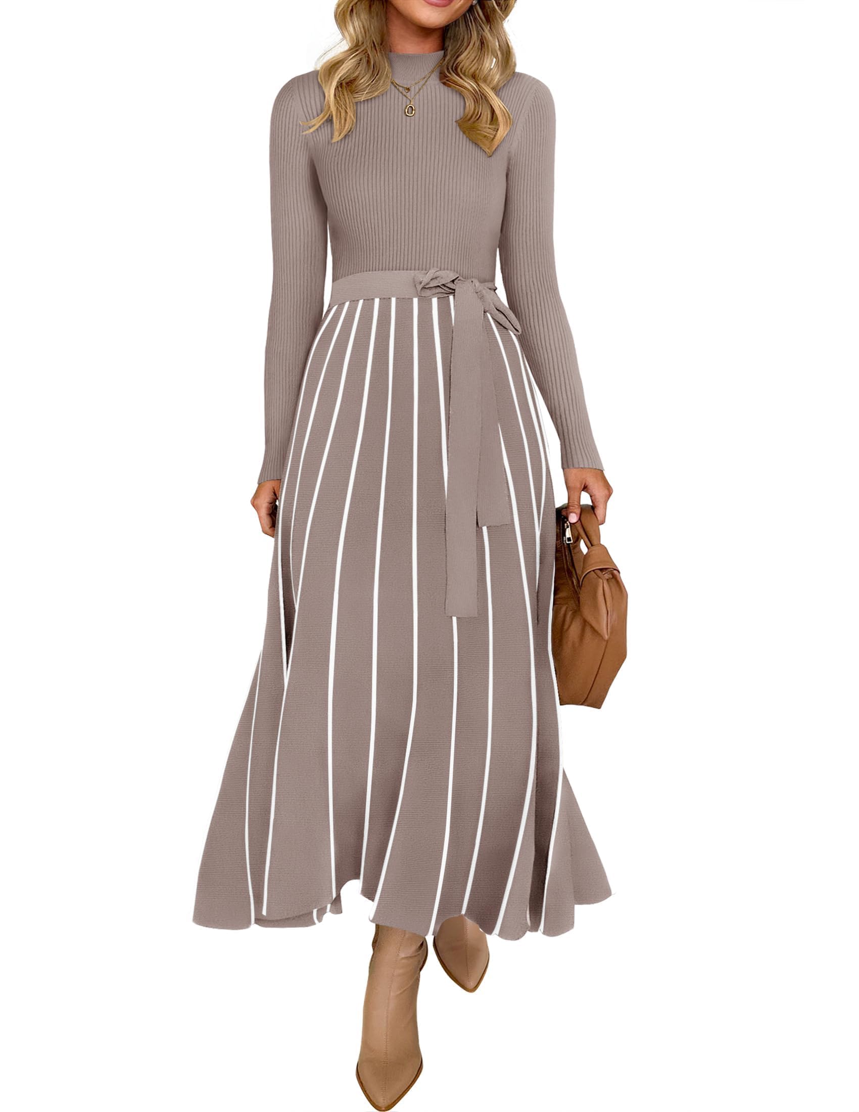 Vestido Tipo Suéter Zesica, De Primavera, Cuello Alto, Punto Acanalado, Color Caqui - Venta Internacional.