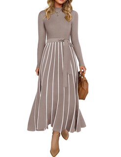 Foto 1 | Vestido Tipo Suéter Zesica, De Primavera, Cuello Alto, Punto Acanalado, Color Caqui - Venta Internacional.