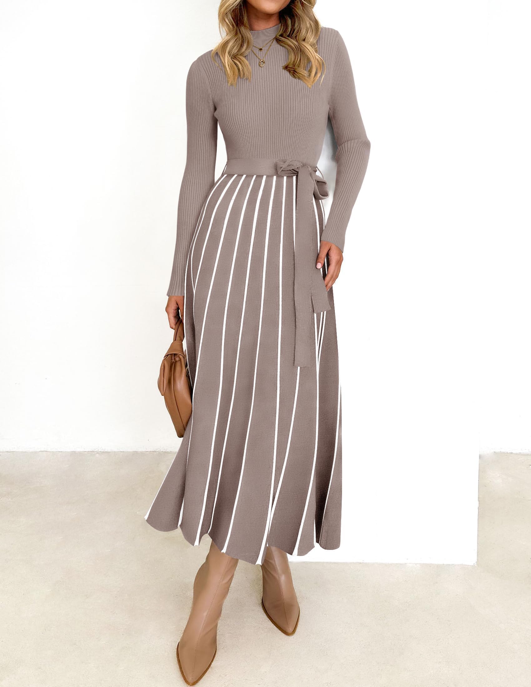 Foto 2 | Vestido Tipo Suéter Zesica, De Primavera, Cuello Alto, Punto Acanalado, Color Caqui - Venta Internacional.
