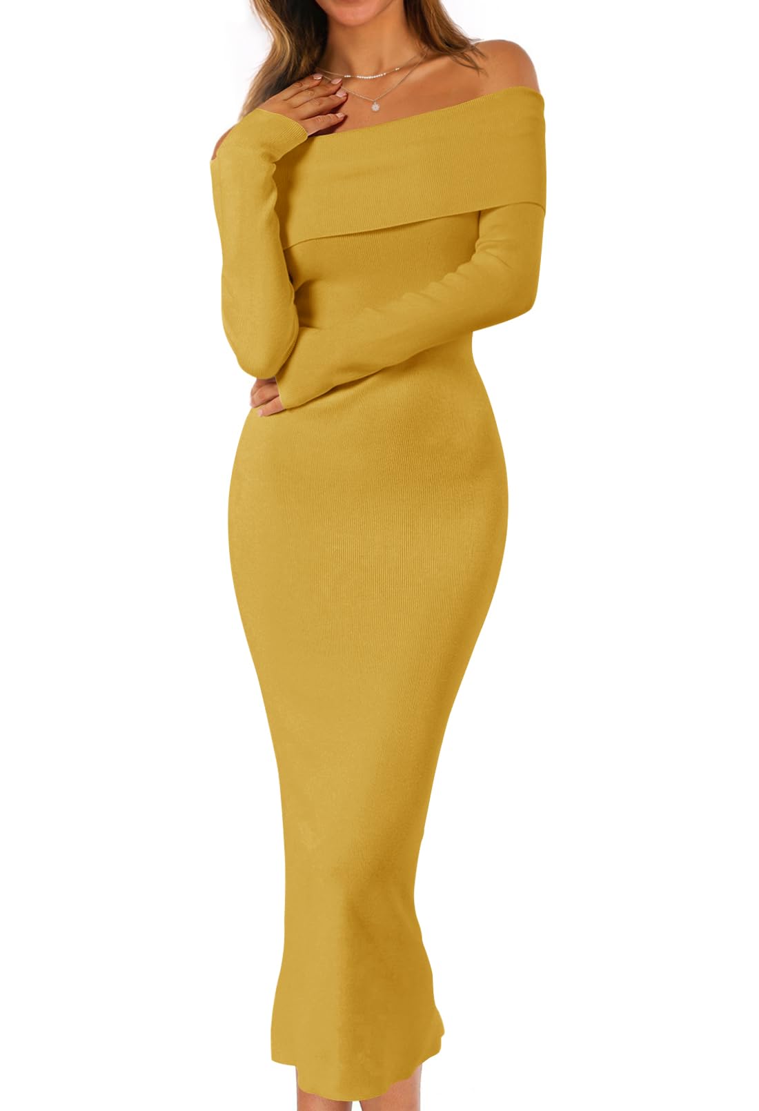 Foto 2 pulgar | Vestido Tipo Suéter Merokeety Para Mujer, Con Hombros Descubiertos, Color Jengibre - Venta Internacional.