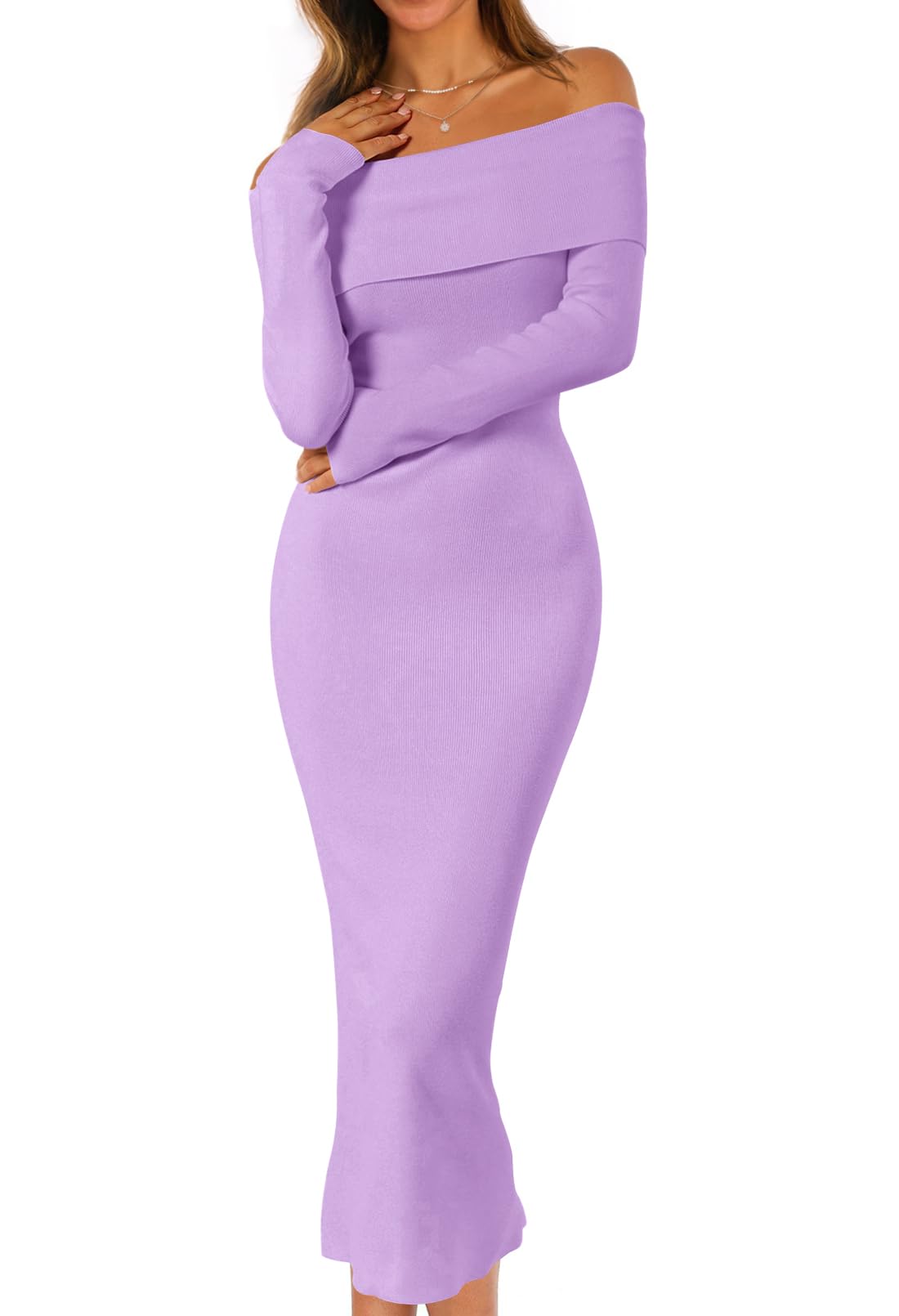 Foto 2 pulgar | Vestido Tipo Suéter Merokeety Para Invierno Con Hombros Descubiertos Para Mujer, Morado - Venta Internacional.