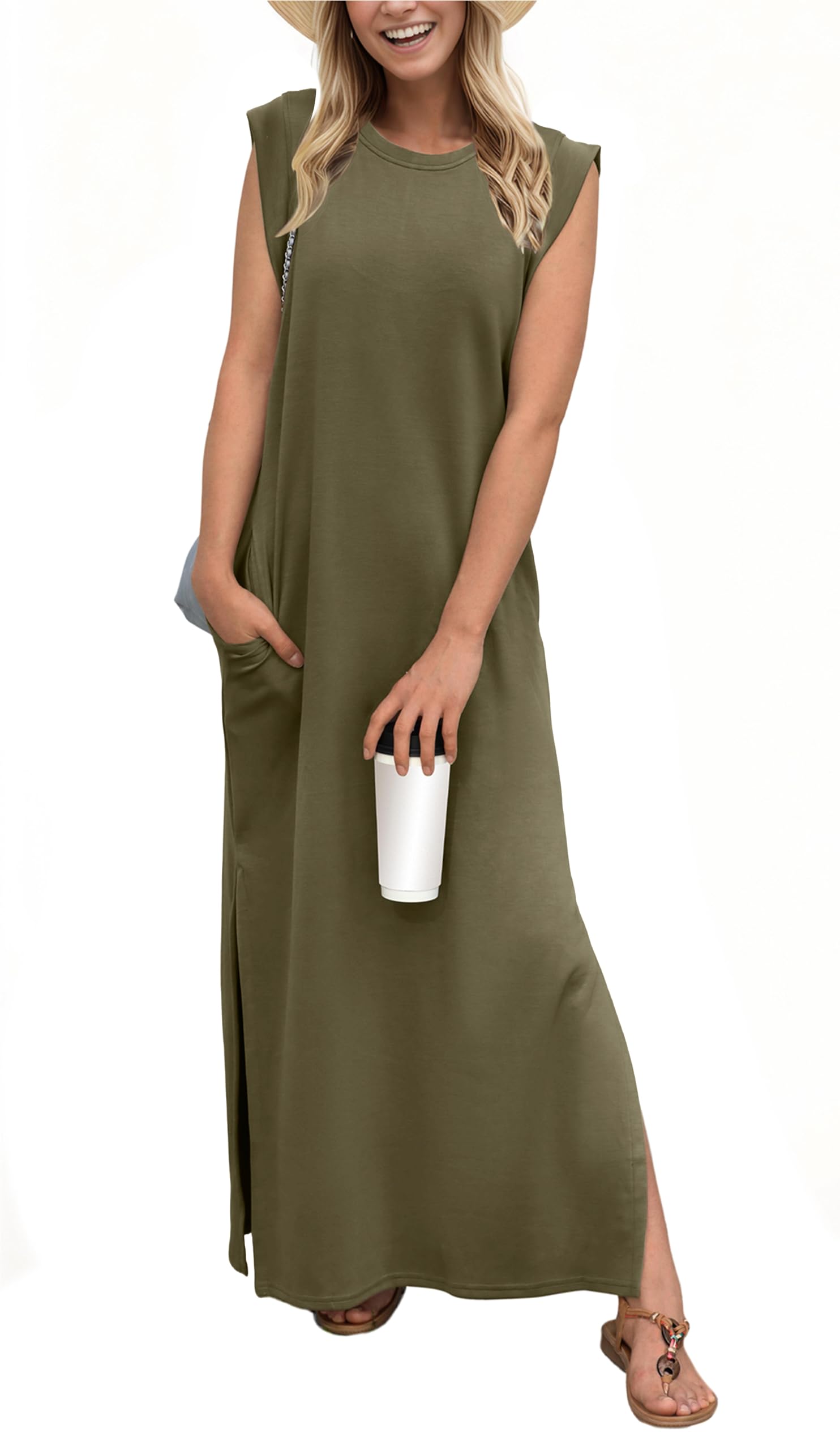 Foto 2 pulgar | Vestido Grecerelle Holgado De Verano Para Mujer, Maxi Con Bolsillos, Verde Militar - Venta Internacional.