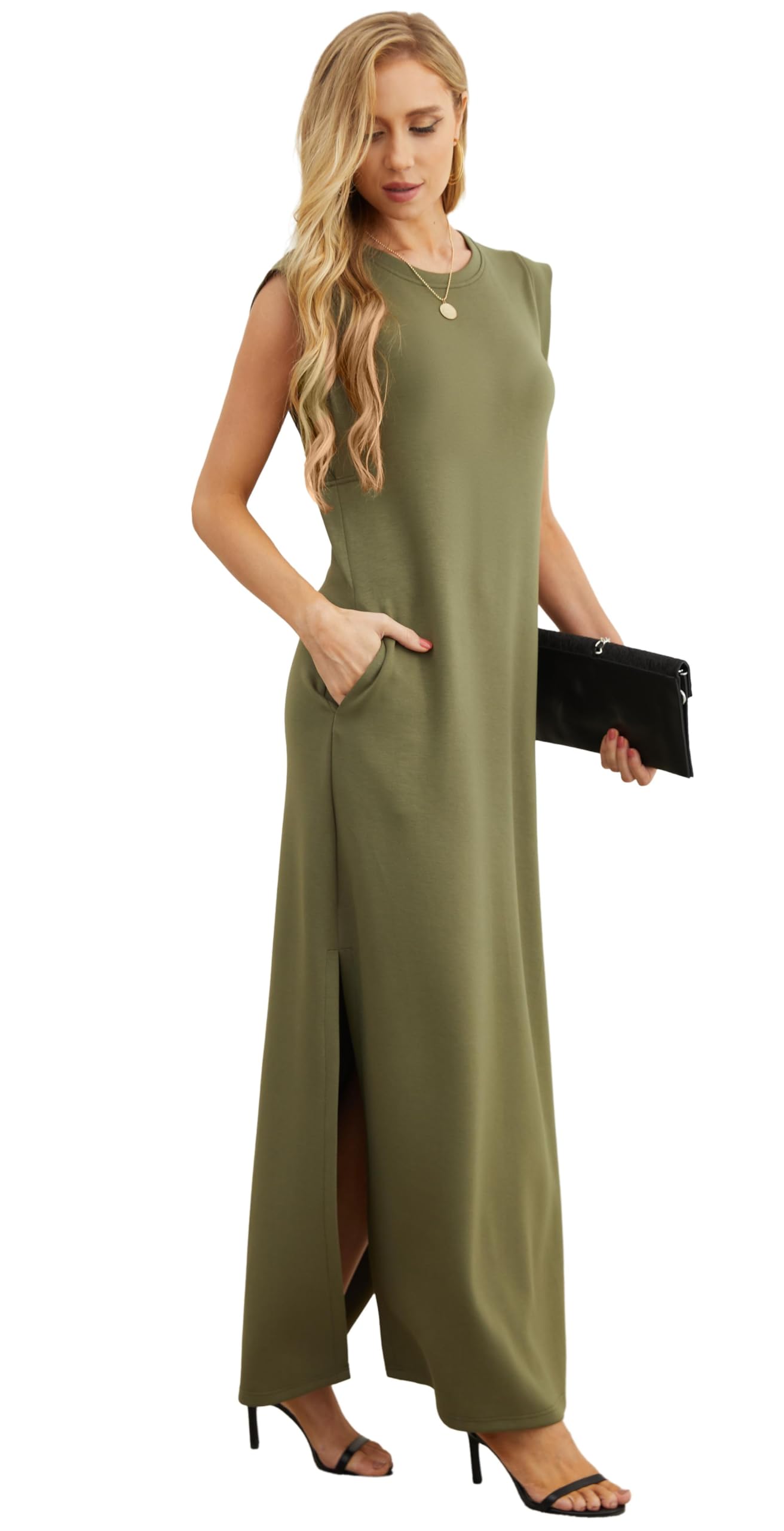 Foto 5 pulgar | Vestido Grecerelle Holgado De Verano Para Mujer, Maxi Con Bolsillos, Verde Militar - Venta Internacional.