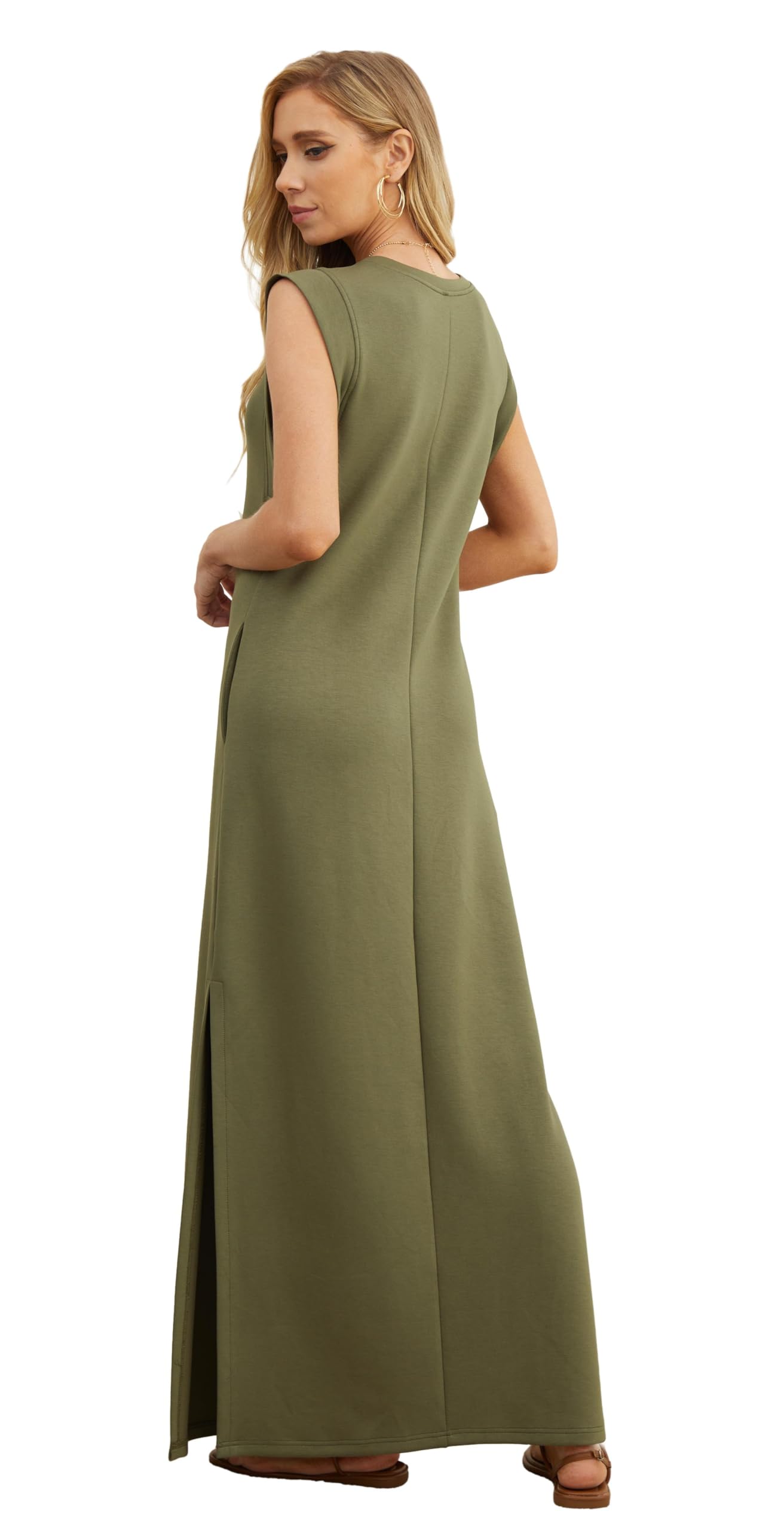 Foto 6 pulgar | Vestido Grecerelle Holgado De Verano Para Mujer, Maxi Con Bolsillos, Verde Militar - Venta Internacional.