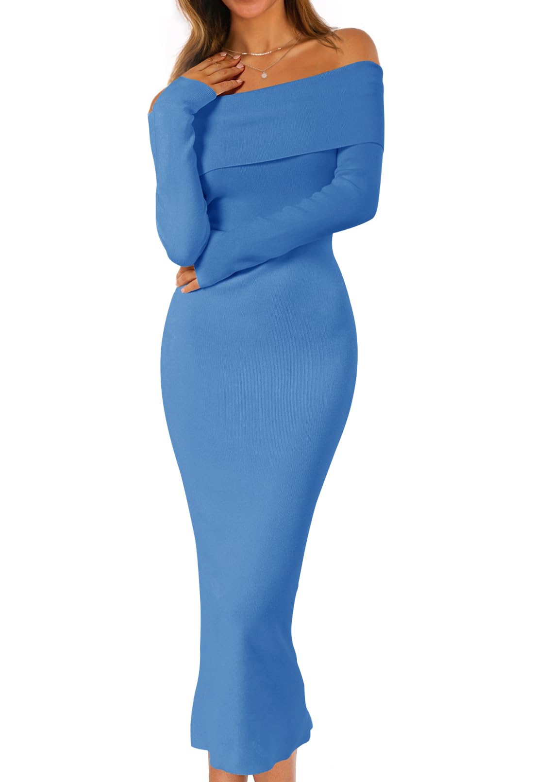 Foto 2 pulgar | Vestido Tipo Suéter Merokeety Para Mujer, Con Hombros Descubiertos, Azul Lago, Talla L - Venta Internacional.