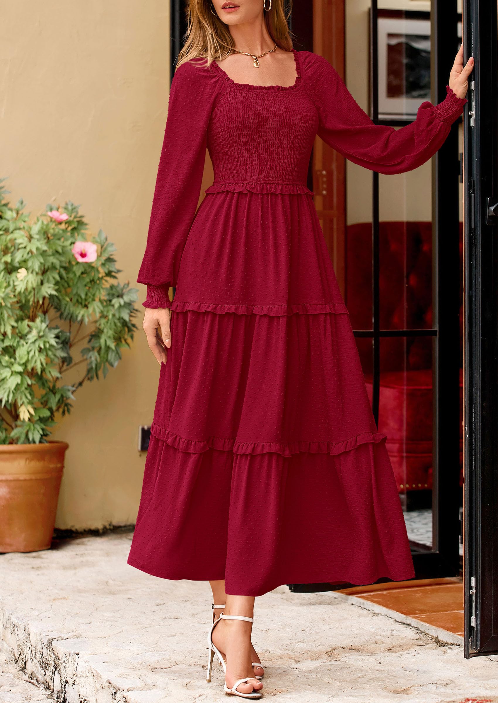 Foto 3 pulgar | Vestido Largo Prettygarden Para Mujer, Manga Larga, De Primavera, Rojo - Venta Internacional.