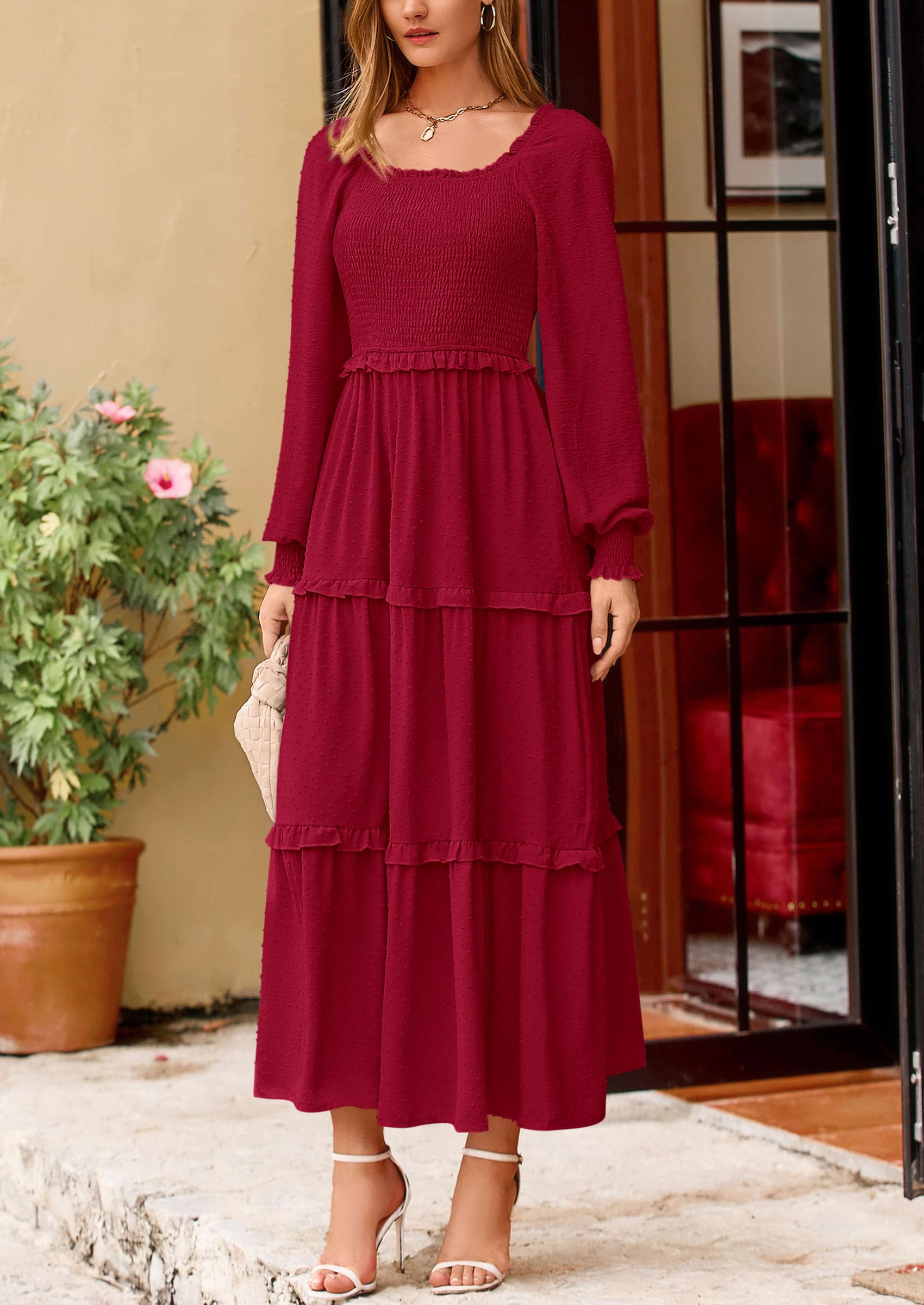Foto 4 pulgar | Vestido Largo Prettygarden Para Mujer, Manga Larga, De Primavera, Rojo - Venta Internacional.