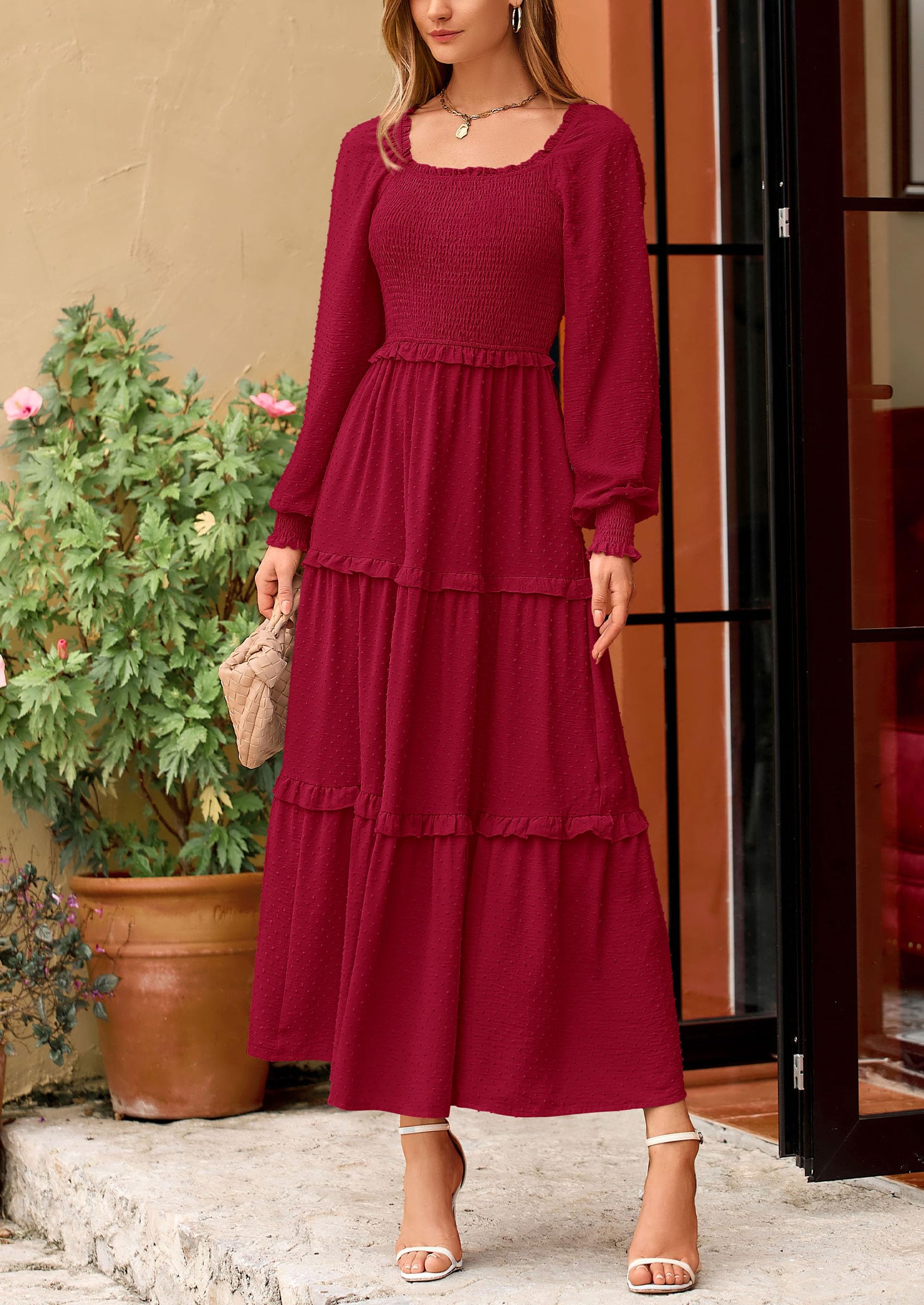 Foto 8 pulgar | Vestido Largo Prettygarden Para Mujer, Manga Larga, De Primavera, Rojo - Venta Internacional.