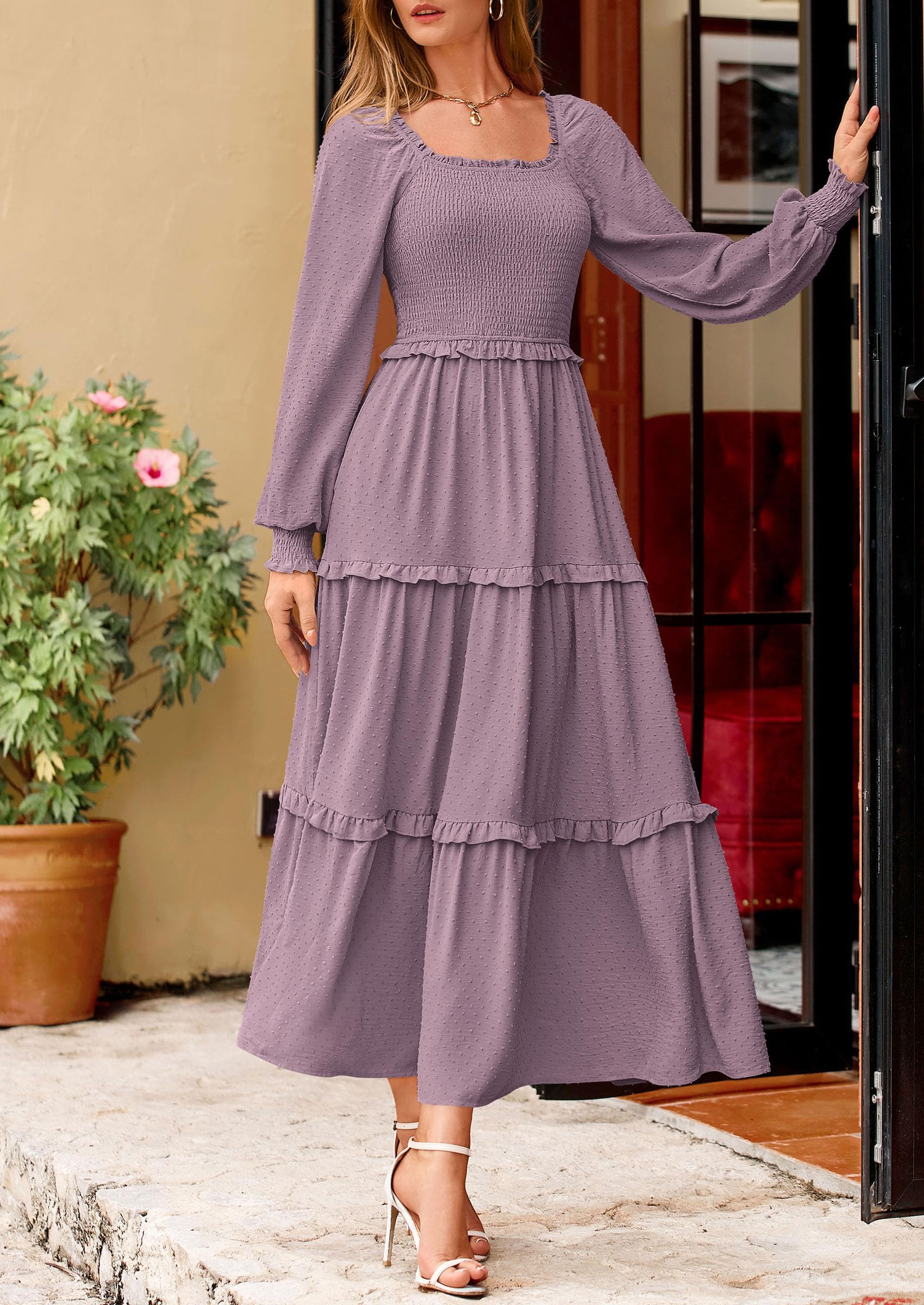 Foto 3 pulgar | Vestido Largo Prettygarden Para Mujer, Primavera, Manga Larga, Gris Y Morado - Venta Internacional.