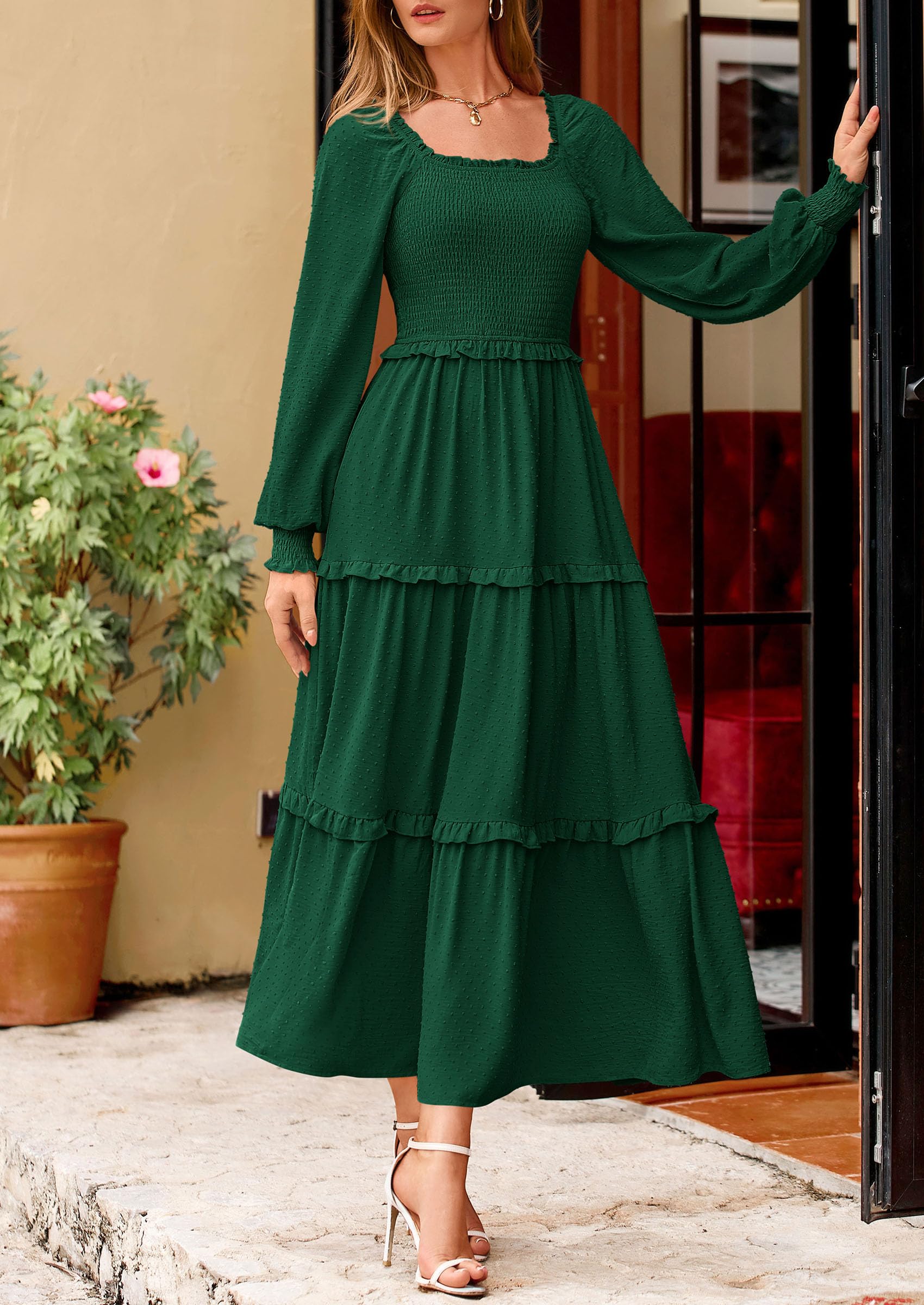 Foto 3 pulgar | Vestido Largo Prettygarden Para Mujer, Manga Larga, Primavera, Verde Oscuro - Venta Internacional.
