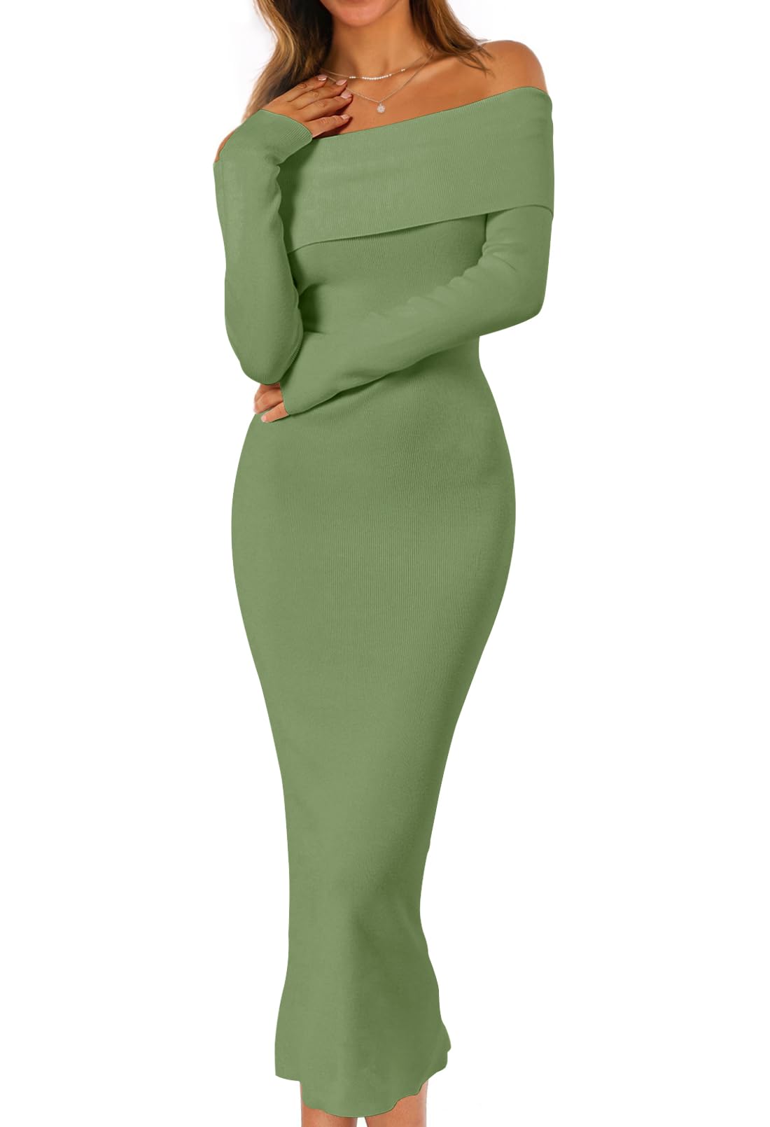 Foto 1 | Vestido Tipo Suéter Merokeety Para Mujer, De Invierno, Con Hombros Descubiertos, Verde - Venta Internacional.