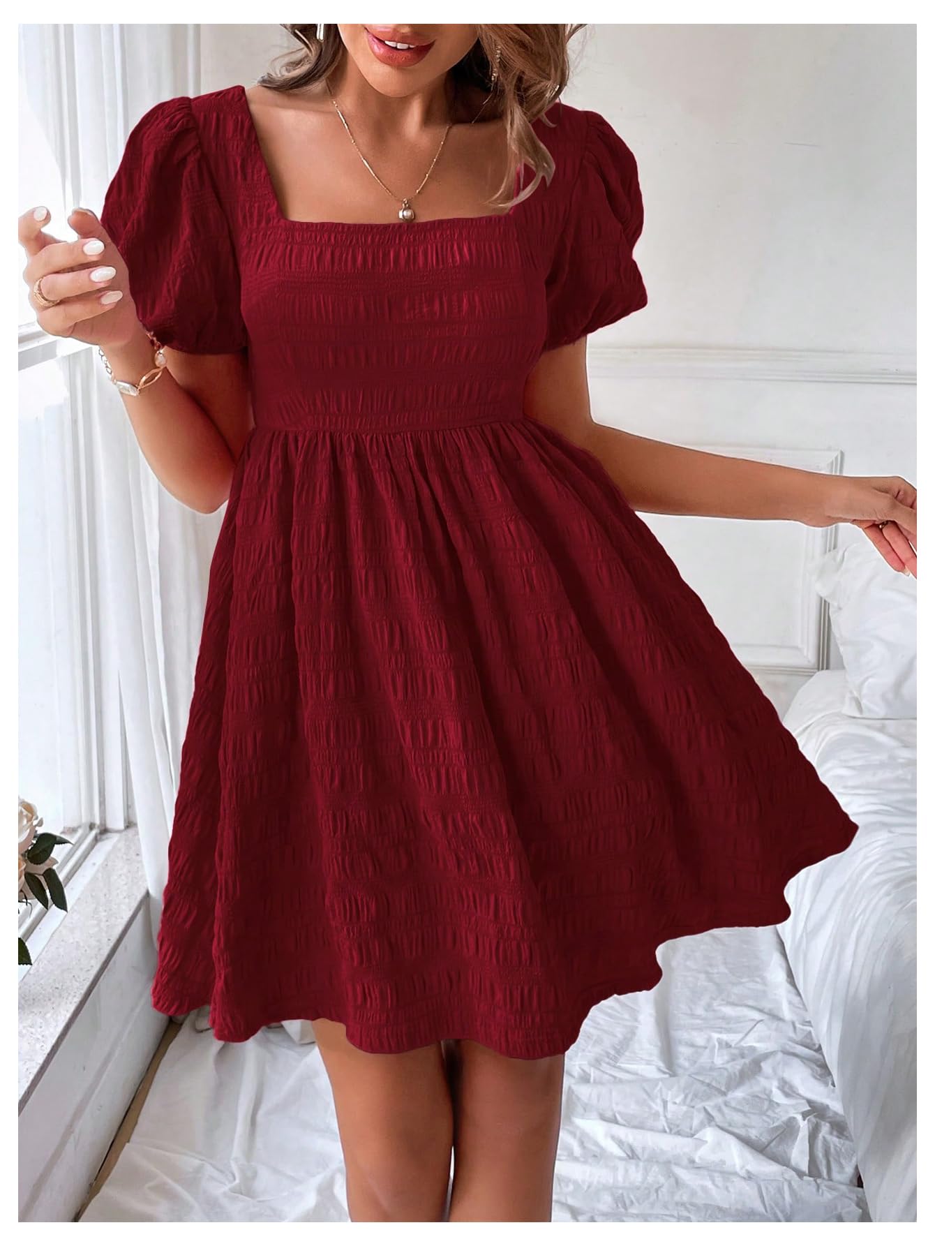 Foto 4 pulgar | Vestido Soly Hux De Verano Con Cuello Cuadrado Y Manga Abullonada Para Mujer - Venta Internacional.