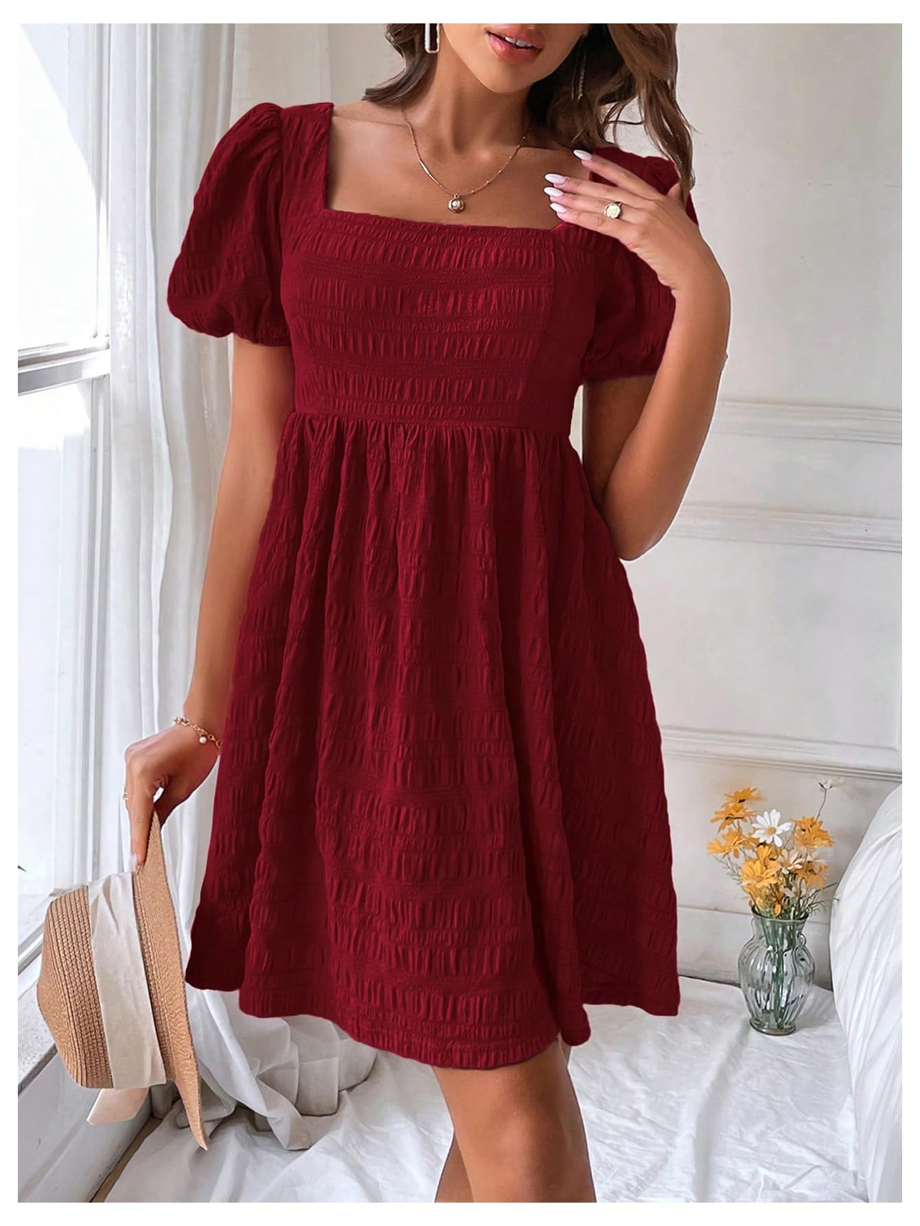 Foto 5 pulgar | Vestido Soly Hux De Verano Con Cuello Cuadrado Y Manga Abullonada Para Mujer - Venta Internacional.