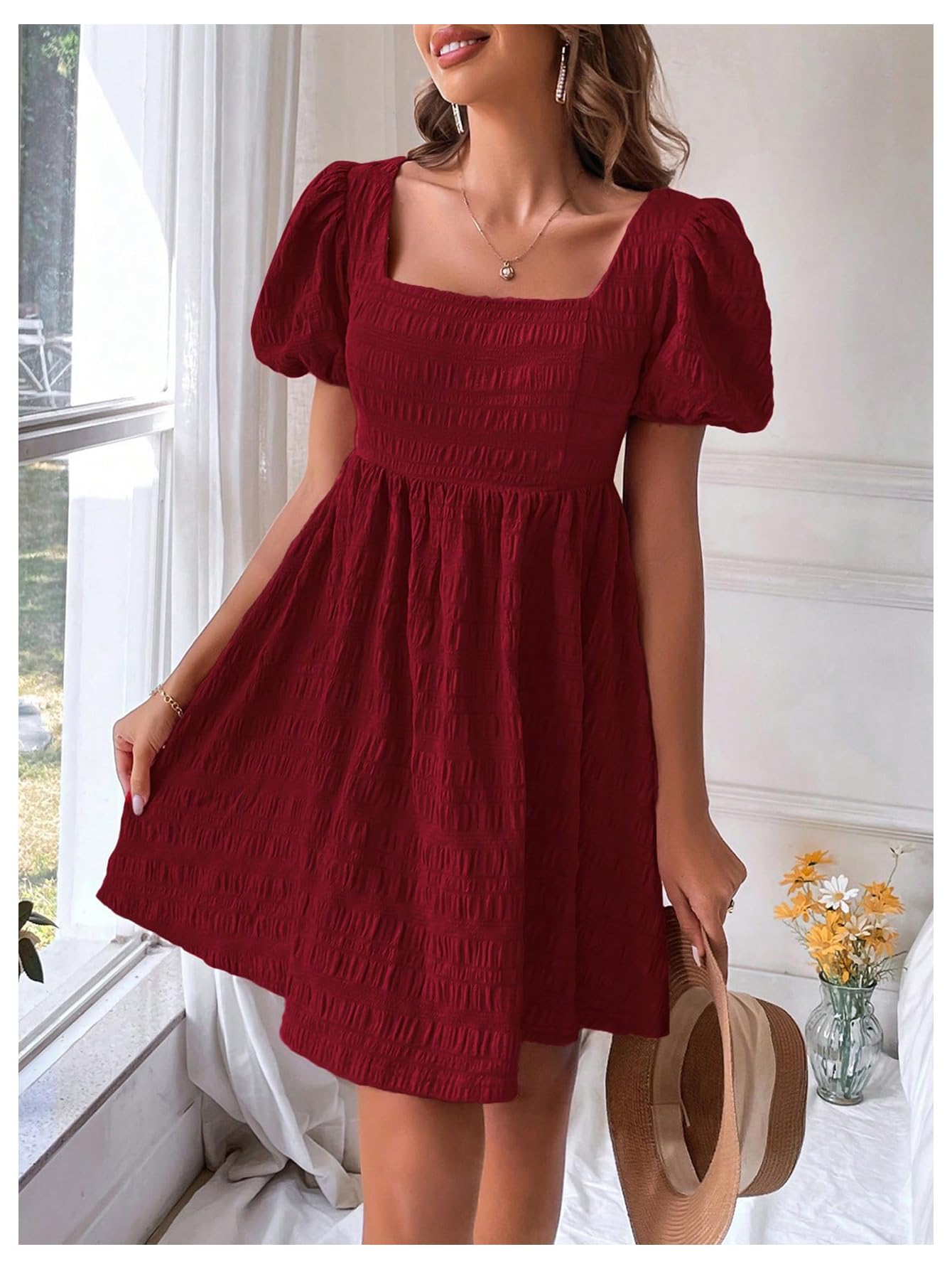 Foto 5 | Vestido Soly Hux De Verano Con Cuello Cuadrado Y Manga Abullonada Para Mujer - Venta Internacional.