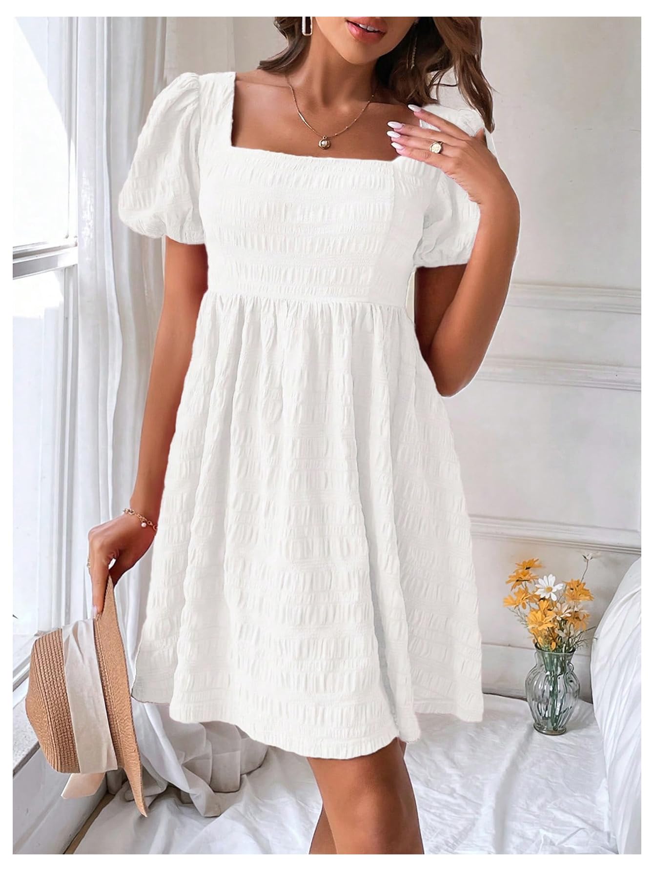 Foto 5 pulgar | Vestido Soly Hux De Verano Con Cuello Cuadrado Y Manga Abullonada Para Mujer - Venta Internacional.