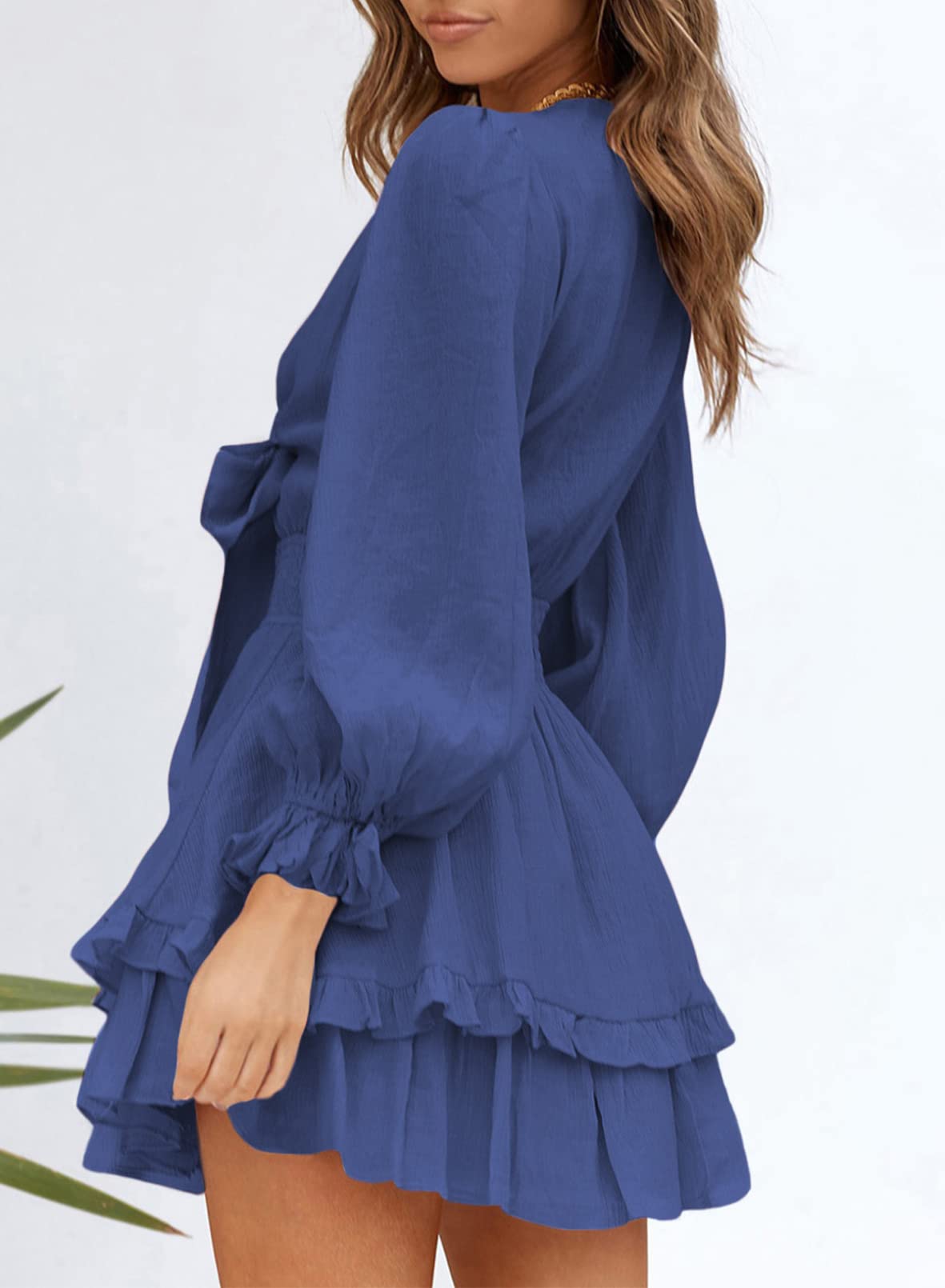 Foto 3 | Vestido Alvaq Para Primavera Y Otoño, Manga Larga, Cuello En V, Volantes, Azul - Venta Internacional.