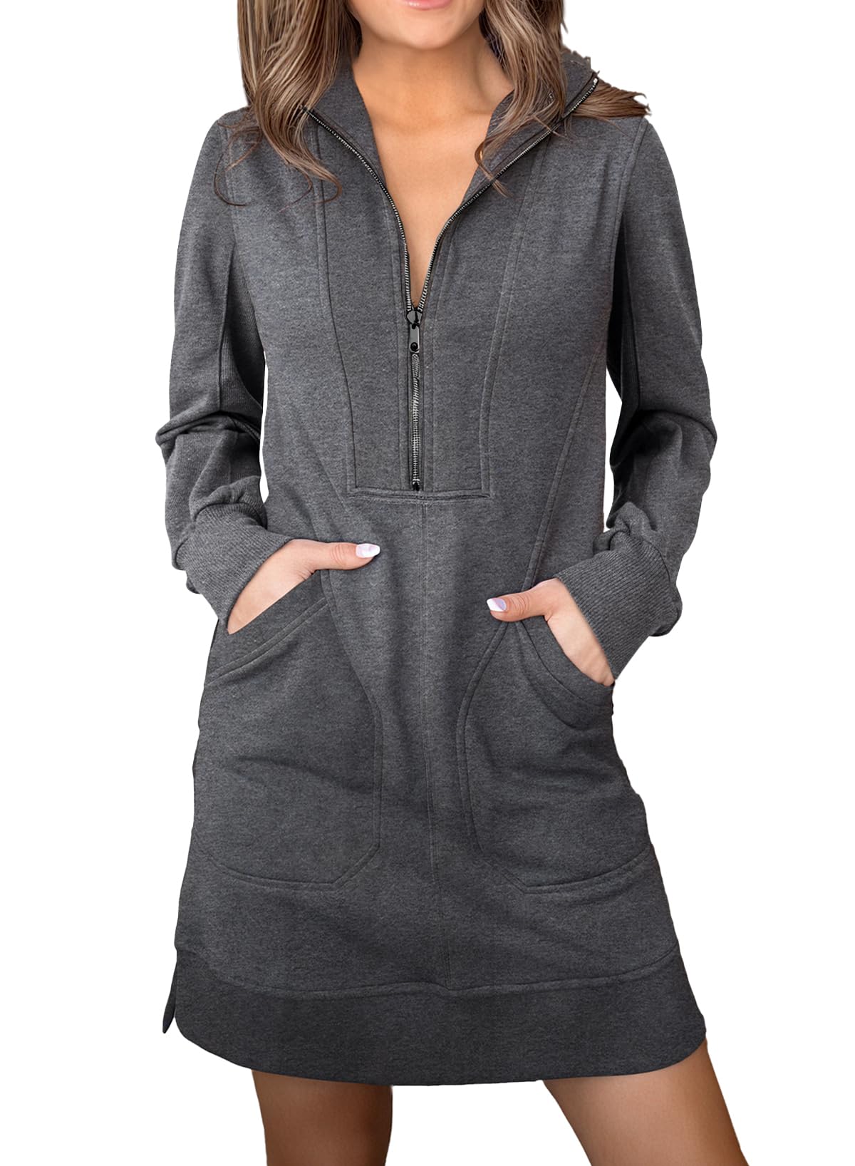Foto 2 pulgar | Vestido Tipo Sudadera Alvaq Otoño 2024 Cuello En V Manga Larga Gris - Venta Internacional.