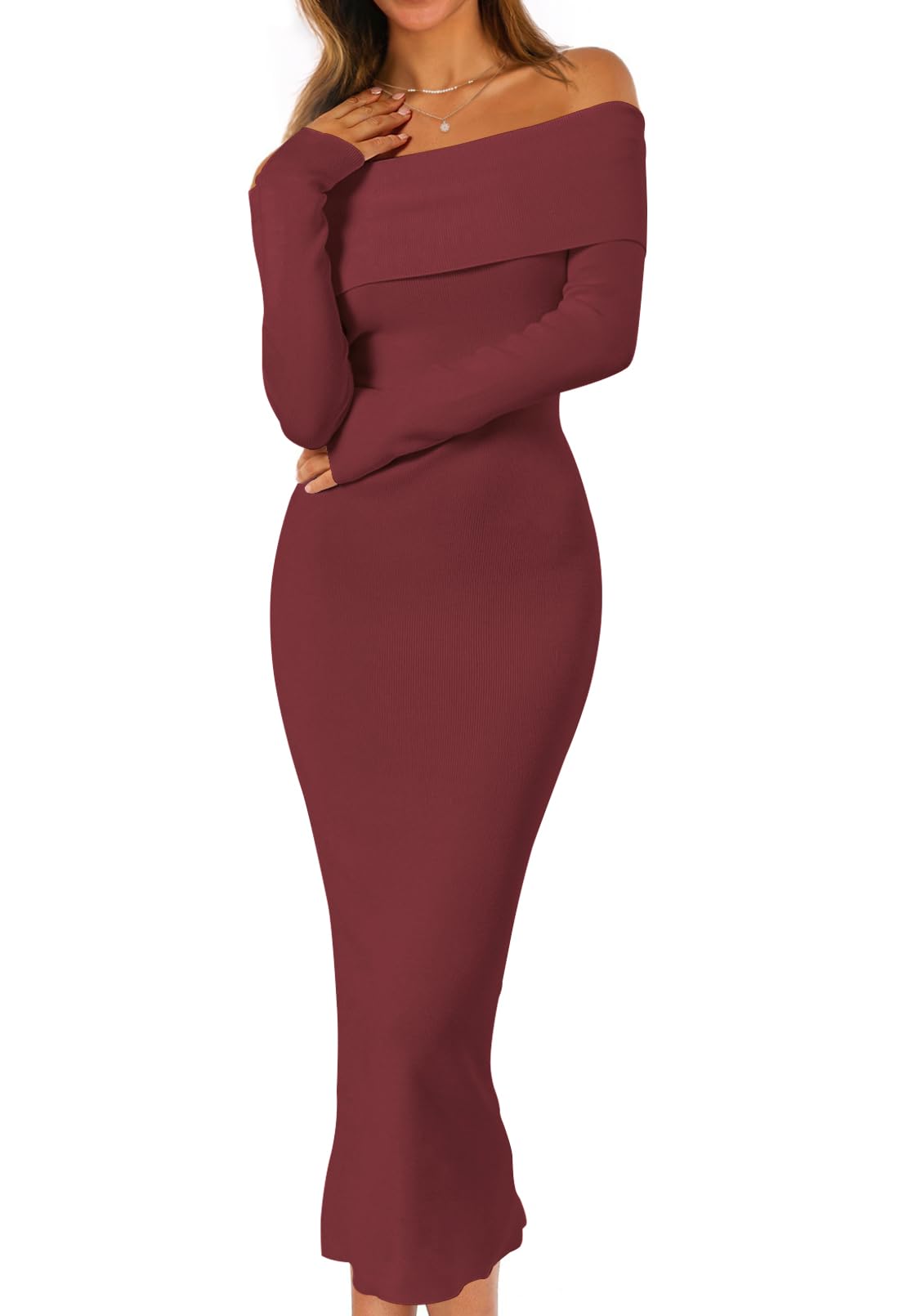 Foto 2 pulgar | Vestido Tipo Suéter Merokeety con Hombros Descubiertos Tinto para Mujer - Venta Internacional