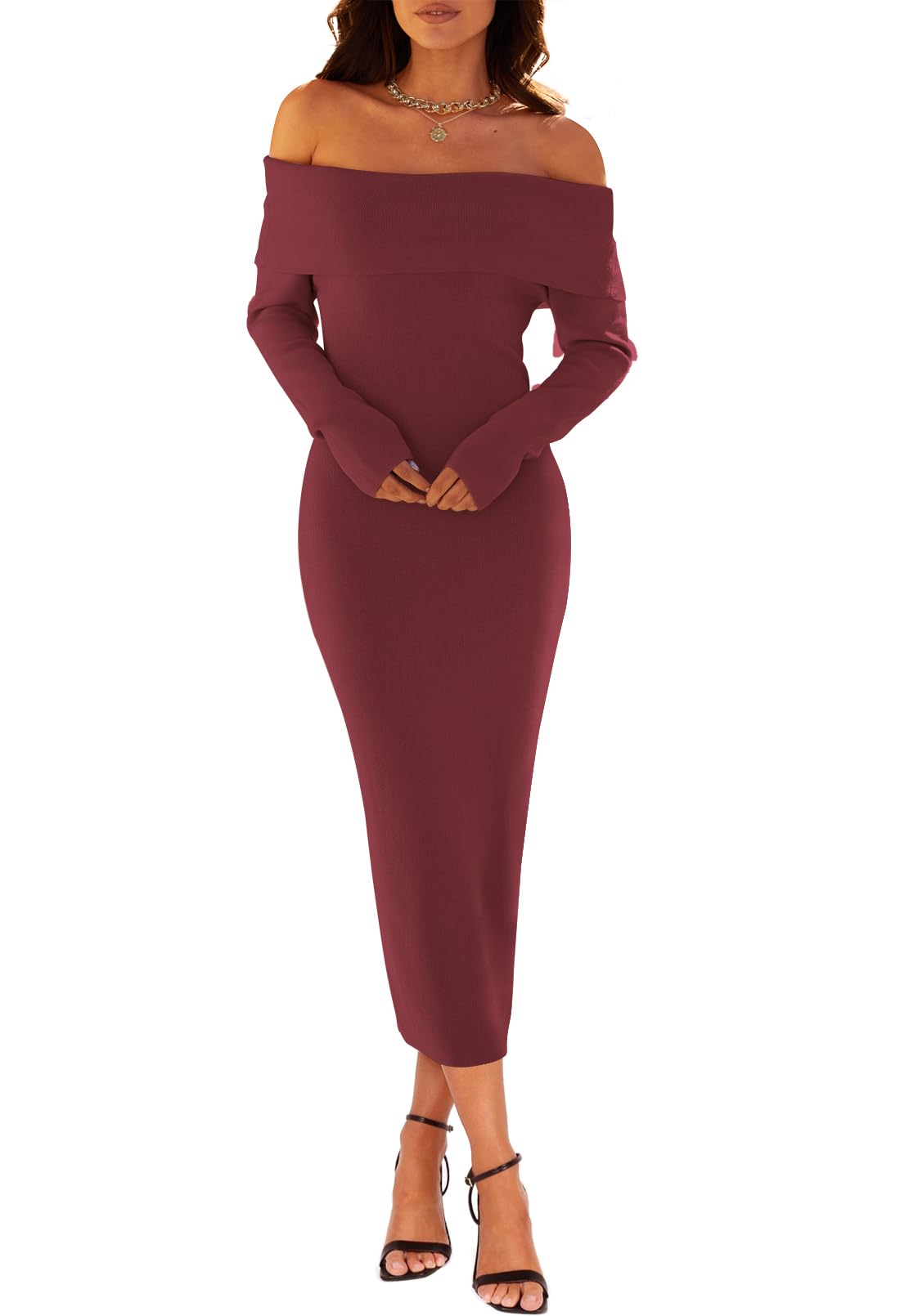 Foto 3 pulgar | Vestido Tipo Suéter Merokeety con Hombros Descubiertos Tinto para Mujer - Venta Internacional