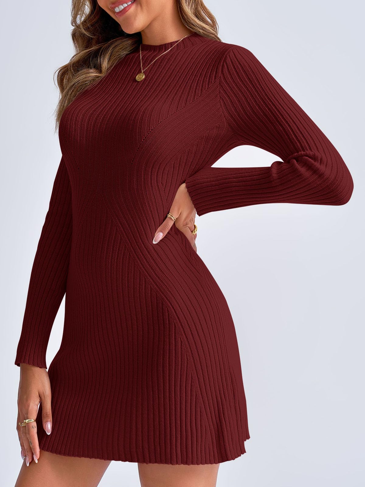 Foto 4 pulgar | Vestido Tipo Suéter Saodimallsu 2024 Para Mujer, Manga Larga, Color Burdeos - Venta Internacional.