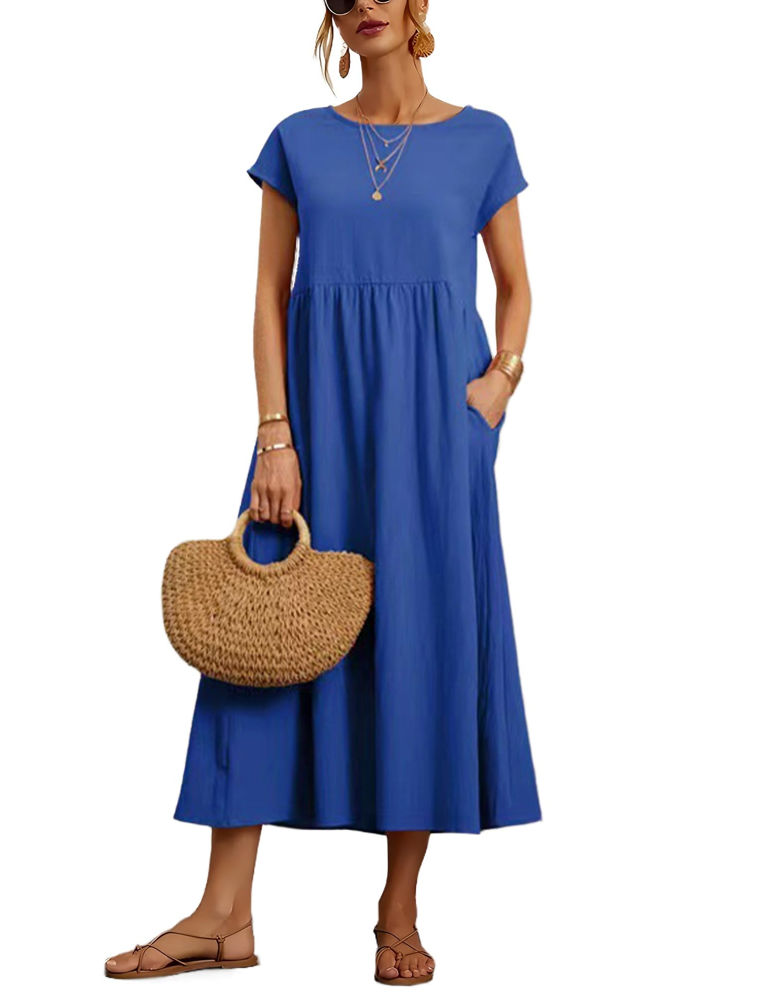 Foto 2 pulgar | Vestido Wrolem Casual De Verano De Algodón Con Bolsillos Para Mujer 2024 - Venta Internacional.
