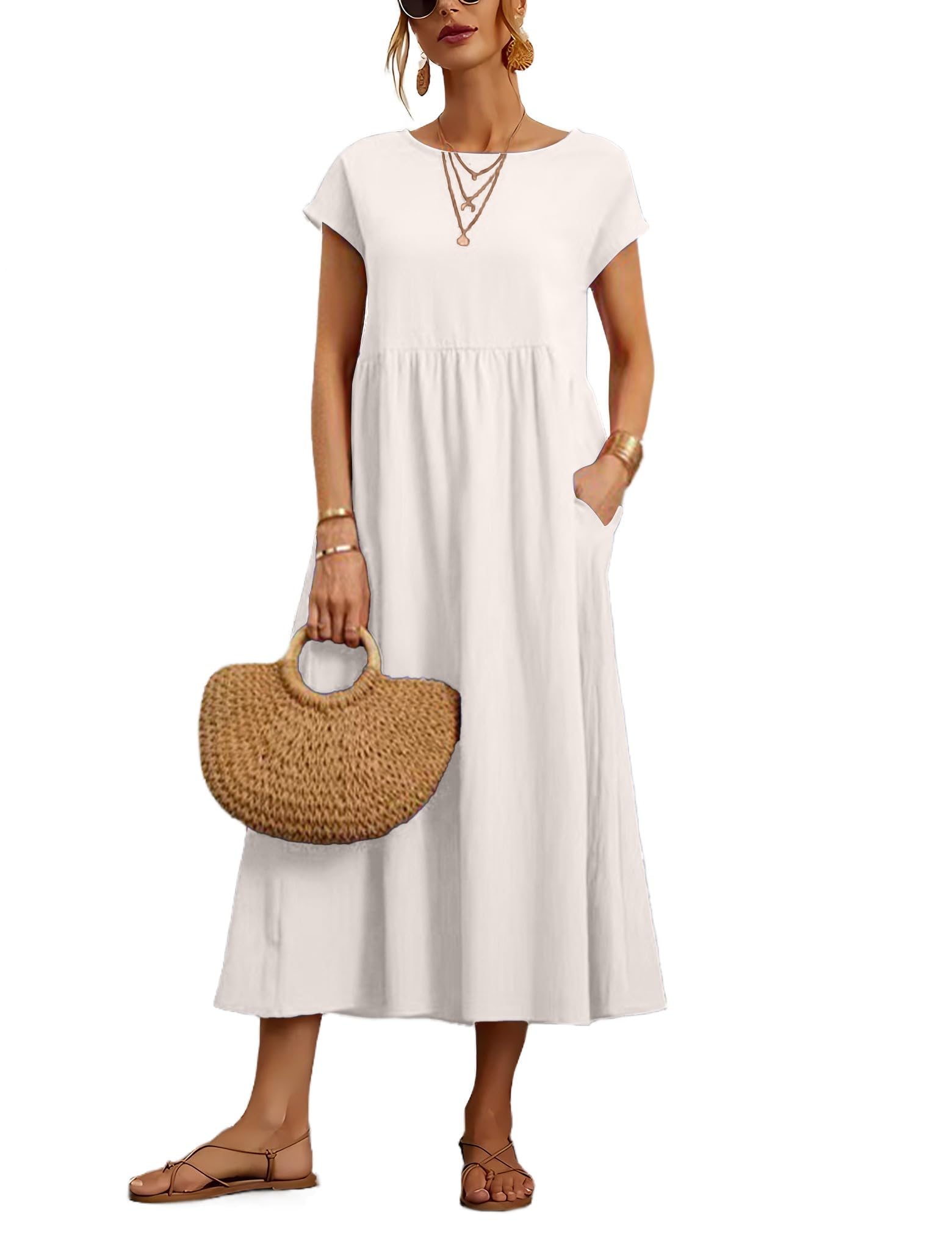 Foto 2 pulgar | Vestido Wrolem Casual De Verano De Algodón Con Bolsillos Para Mujer 2024 - Venta Internacional.