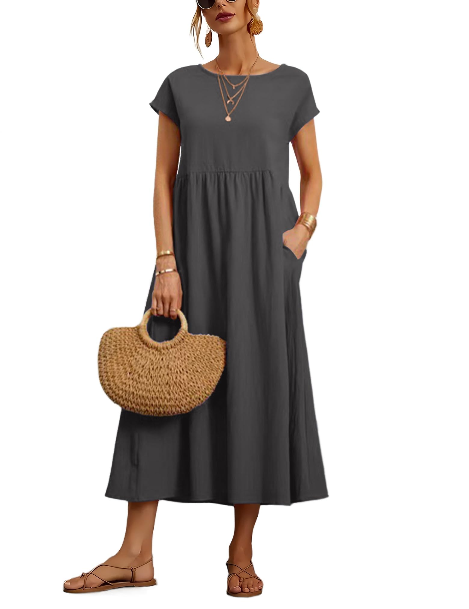 Foto 2 pulgar | Vestido Wrolem Casual De Verano De Algodón Con Bolsillos Para Mujer 2024 - Venta Internacional.