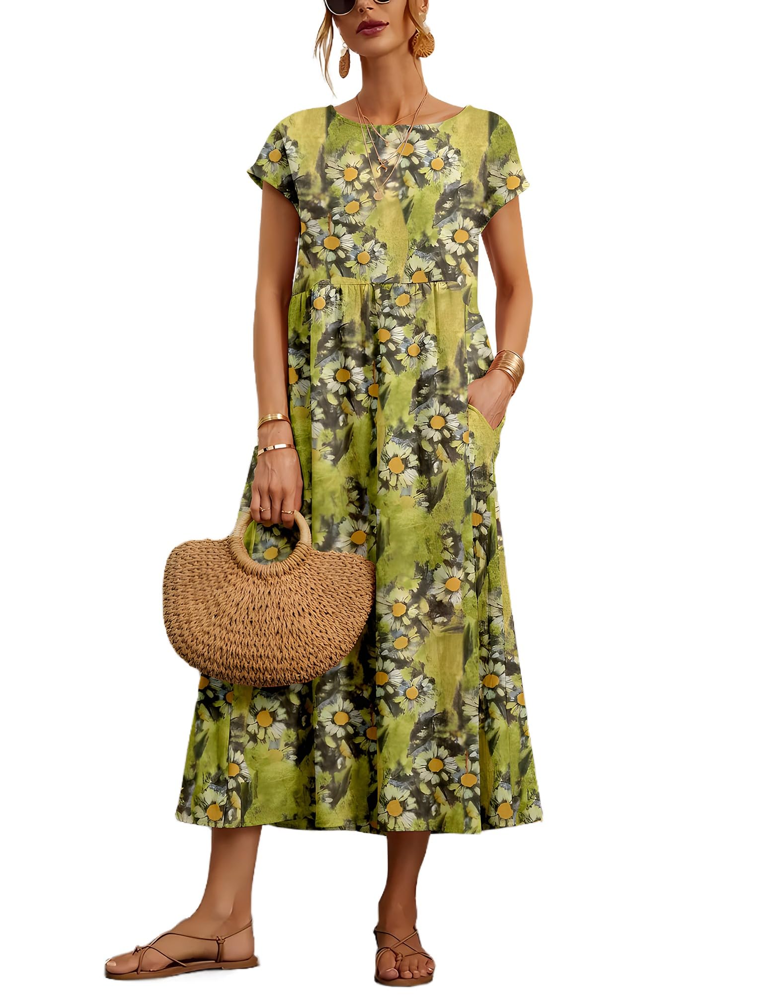 Foto 2 pulgar | Vestido Wrolem Casual De Verano De Algodón Con Bolsillos Para Mujer 2024 - Venta Internacional.
