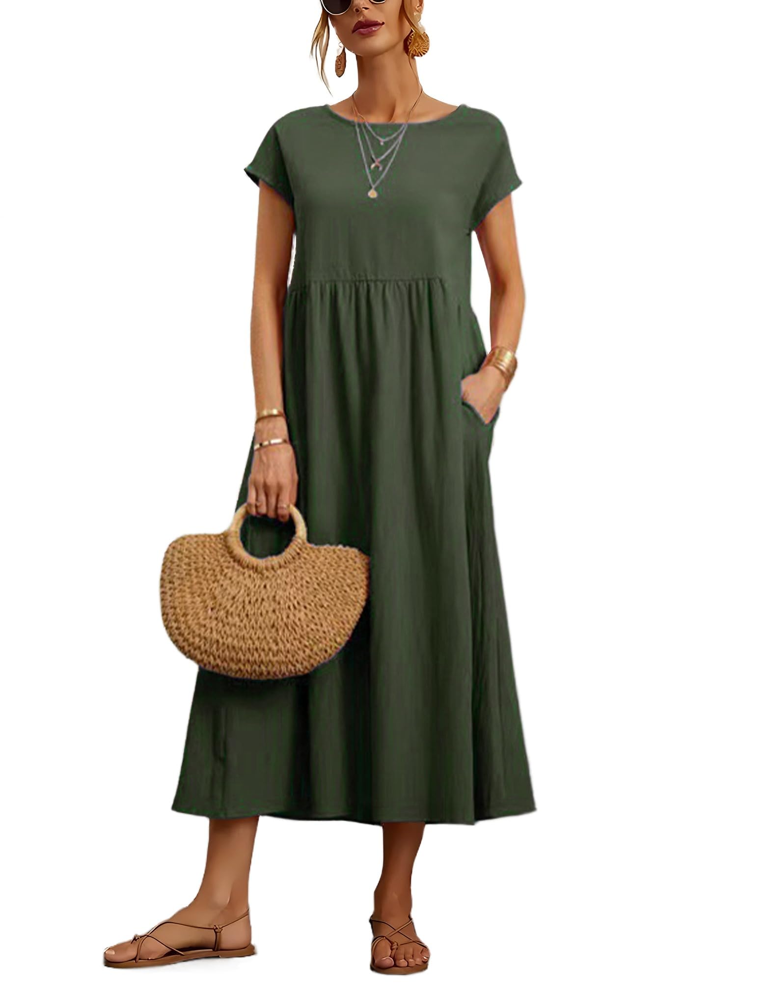 Foto 2 pulgar | Vestido Wrolem Casual De Verano De Algodón Con Bolsillos Para Mujer 2024 - Venta Internacional.