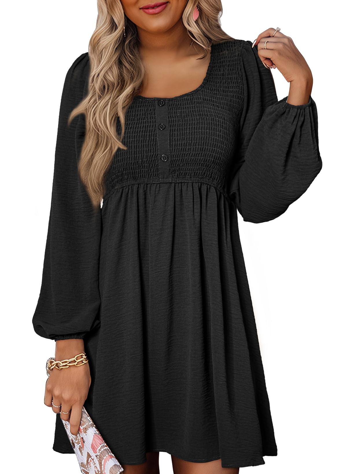 Vestido Dokotoo De Manga Larga Con Cuello Redondo Y Cintura Imperial Abotonada - Venta Internacional.