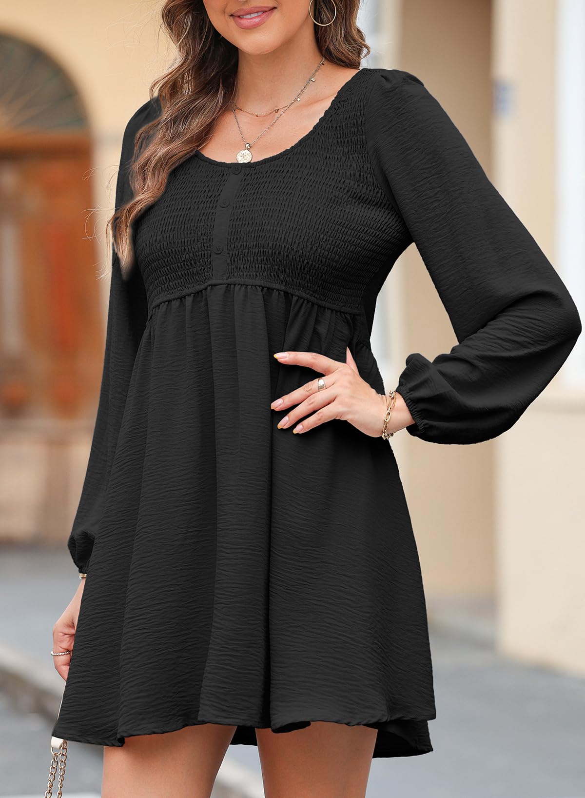 Foto 5 | Vestido Dokotoo De Manga Larga Con Cuello Redondo Y Cintura Imperial Abotonada - Venta Internacional.