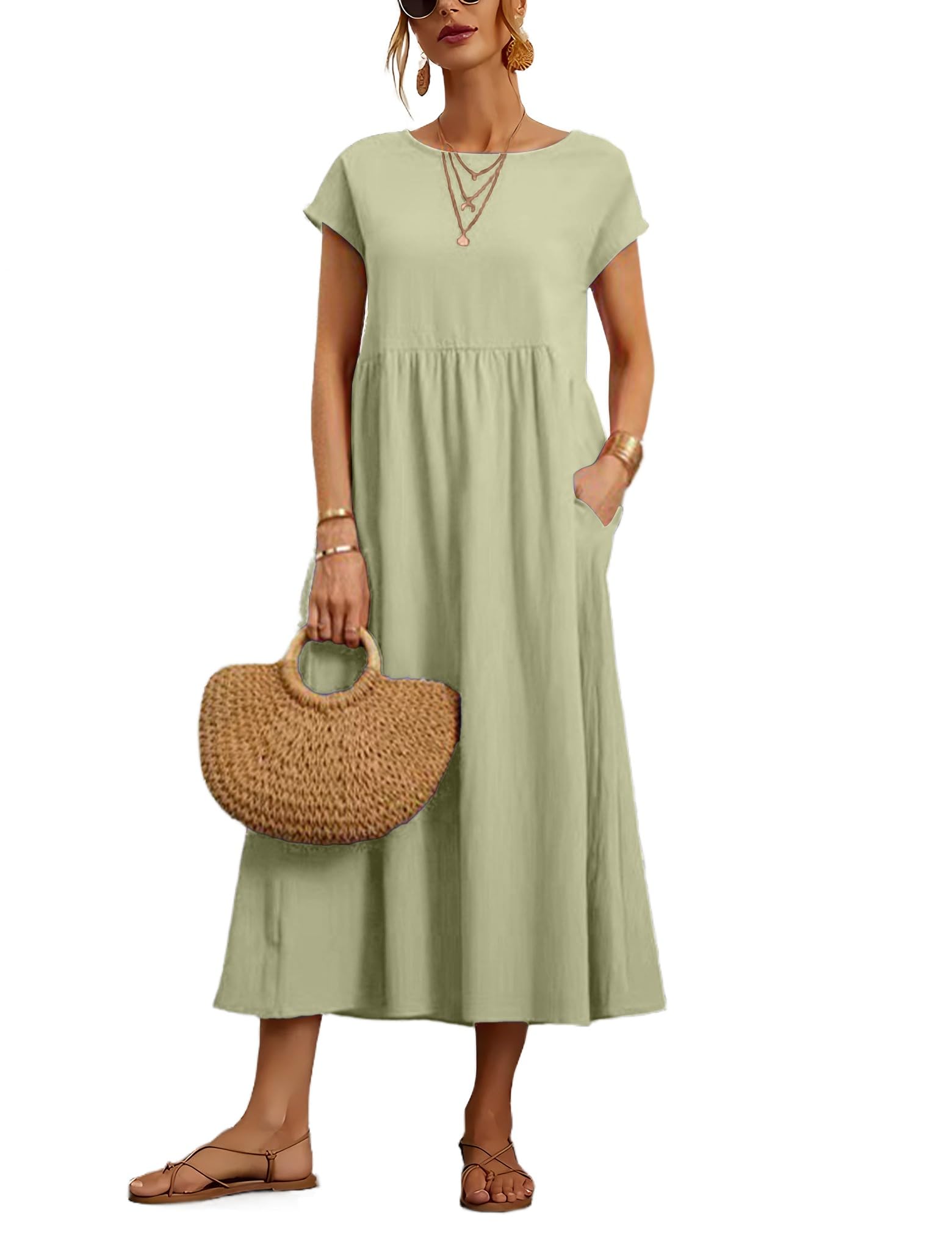 Foto 2 pulgar | Vestido Wrolem Casual De Verano De Algodón Con Bolsillos Para Mujer 2024 - Venta Internacional.