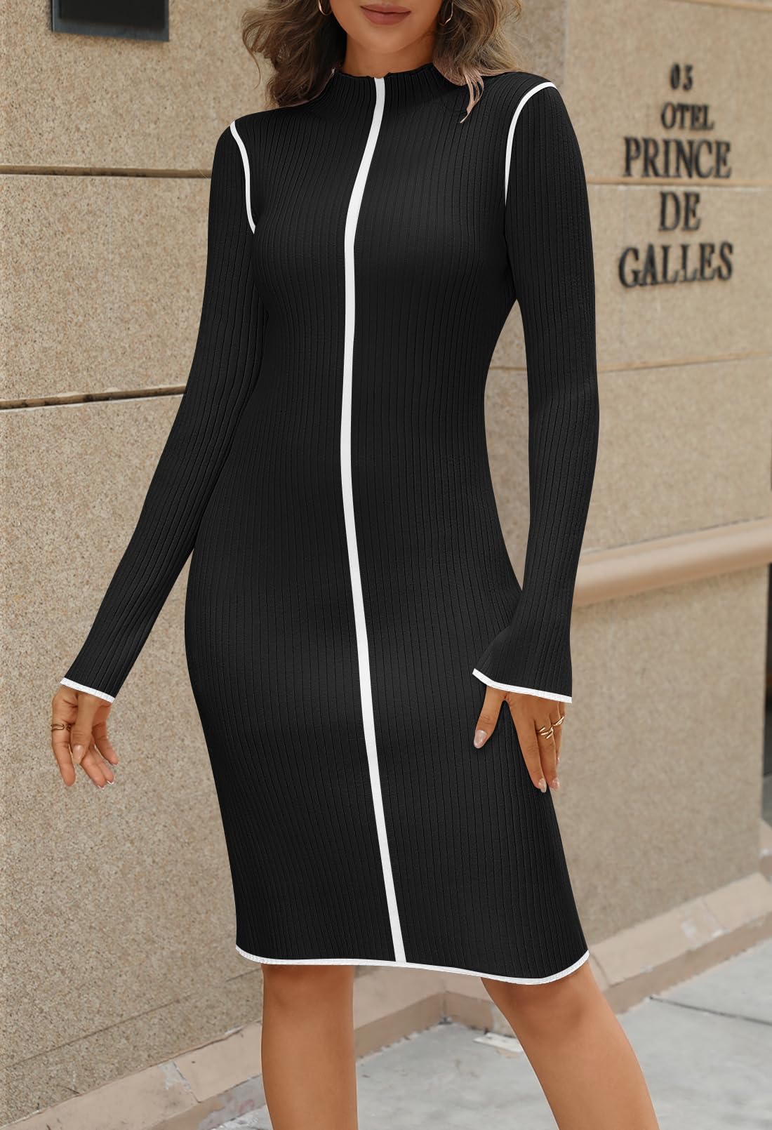 Foto 3 pulgar | Vestido Tipo Suéter Merokeety 2025 De Punto Acanalado De Manga Larga Para Mujer - Venta Internacional.