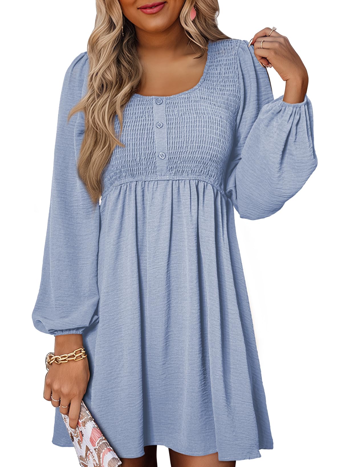 Vestido Dokotoo, Elegante, Cuello Redondo, Manga Larga, Línea A, Azul Cielo - Venta Internacional.