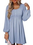 Vestido Dokotoo, Elegante, Cuello Redondo, Manga Larga, Línea A, Azul Cielo - Venta Internacional.