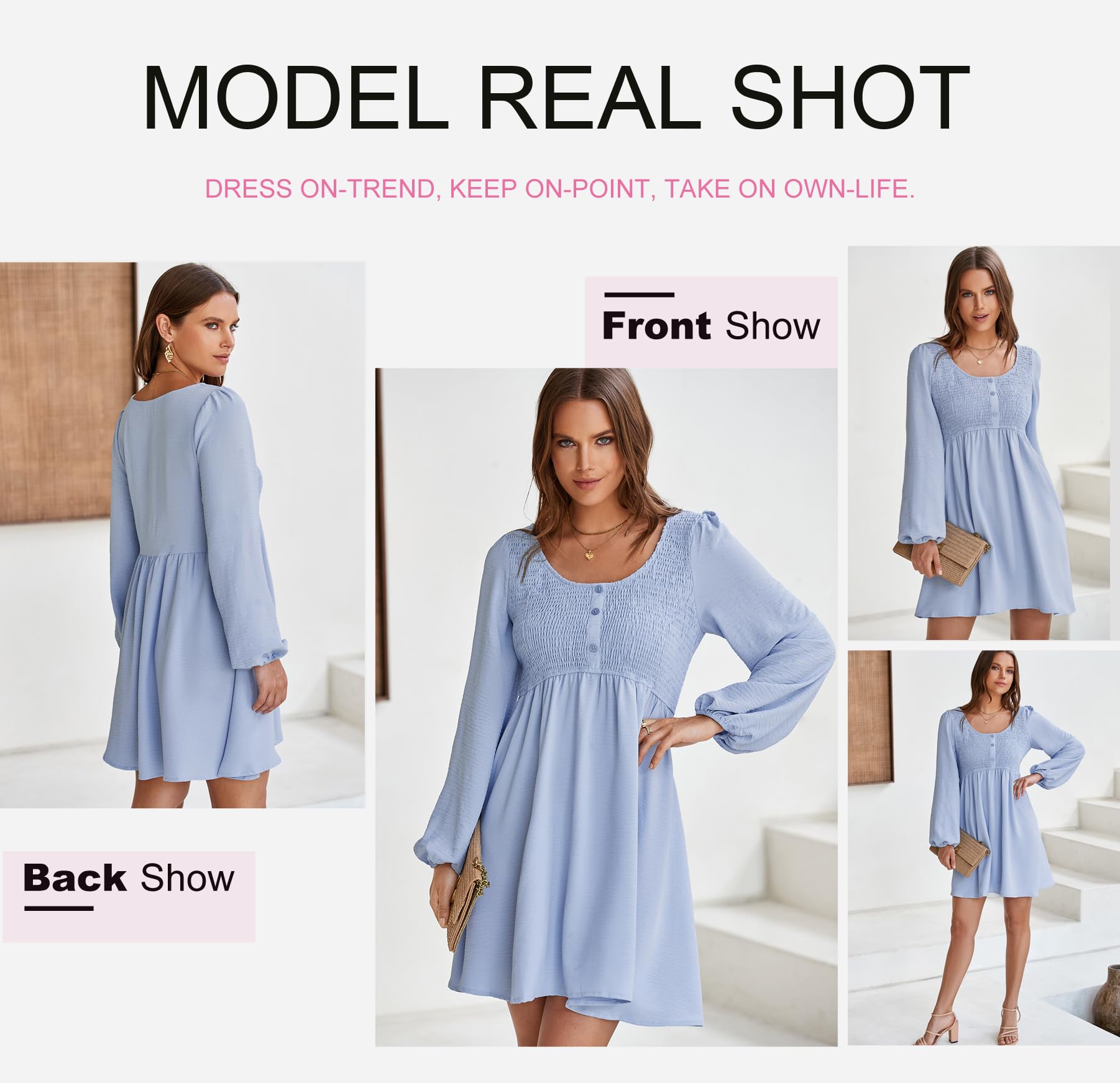 Foto 5 | Vestido Dokotoo, Elegante, Cuello Redondo, Manga Larga, Línea A, Azul Cielo - Venta Internacional.
