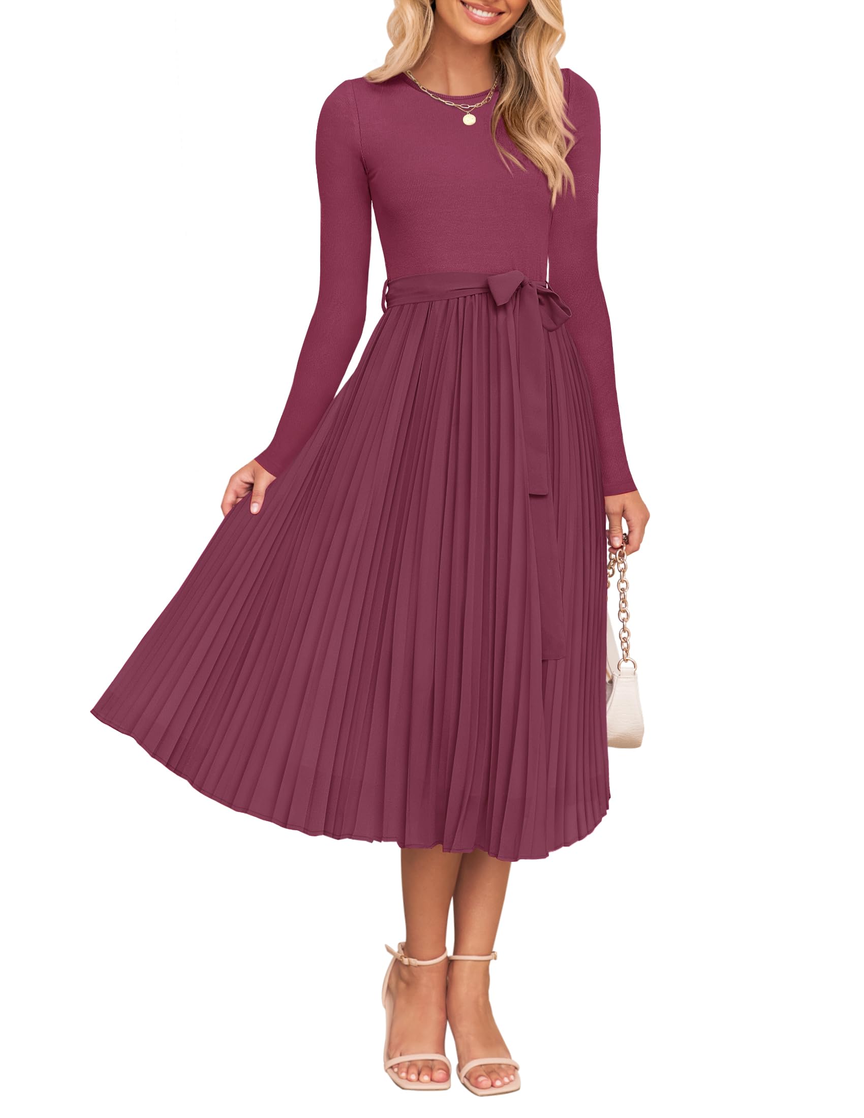 Foto 2 pulgar | Vestido Midi Zesica Otoño Manga Larga Cuello Redondo Línea A Morado Rojo - Venta Internacional.