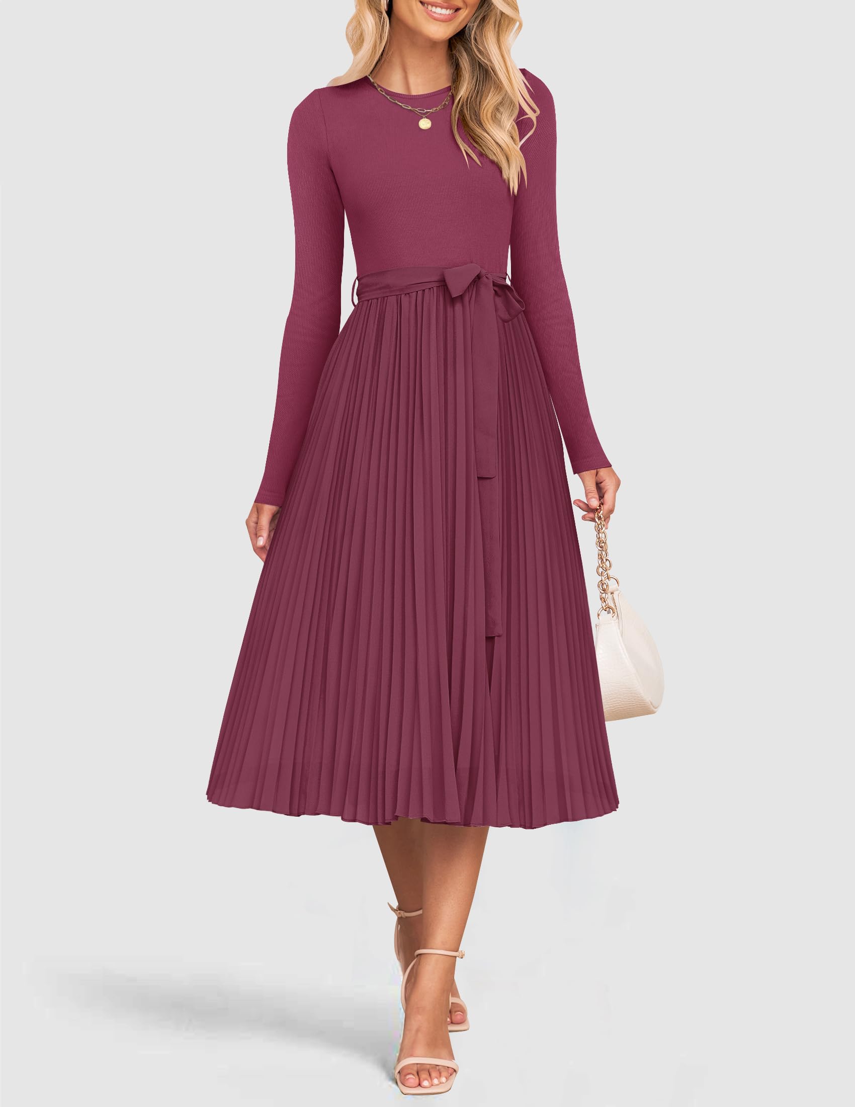 Foto 3 pulgar | Vestido Midi Zesica Otoño Manga Larga Cuello Redondo Línea A Morado Rojo - Venta Internacional.