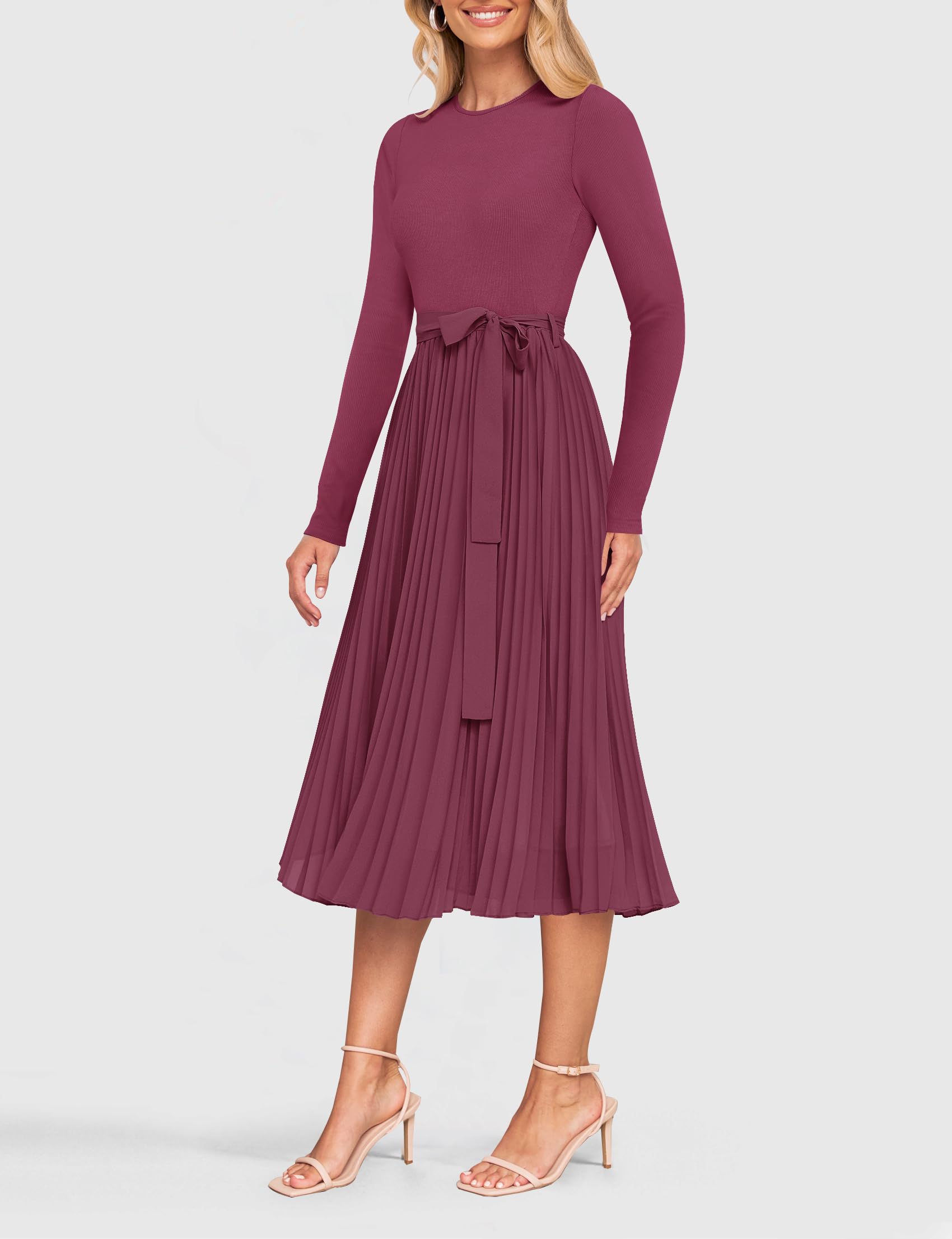 Foto 4 pulgar | Vestido Midi Zesica Otoño Manga Larga Cuello Redondo Línea A Morado Rojo - Venta Internacional.