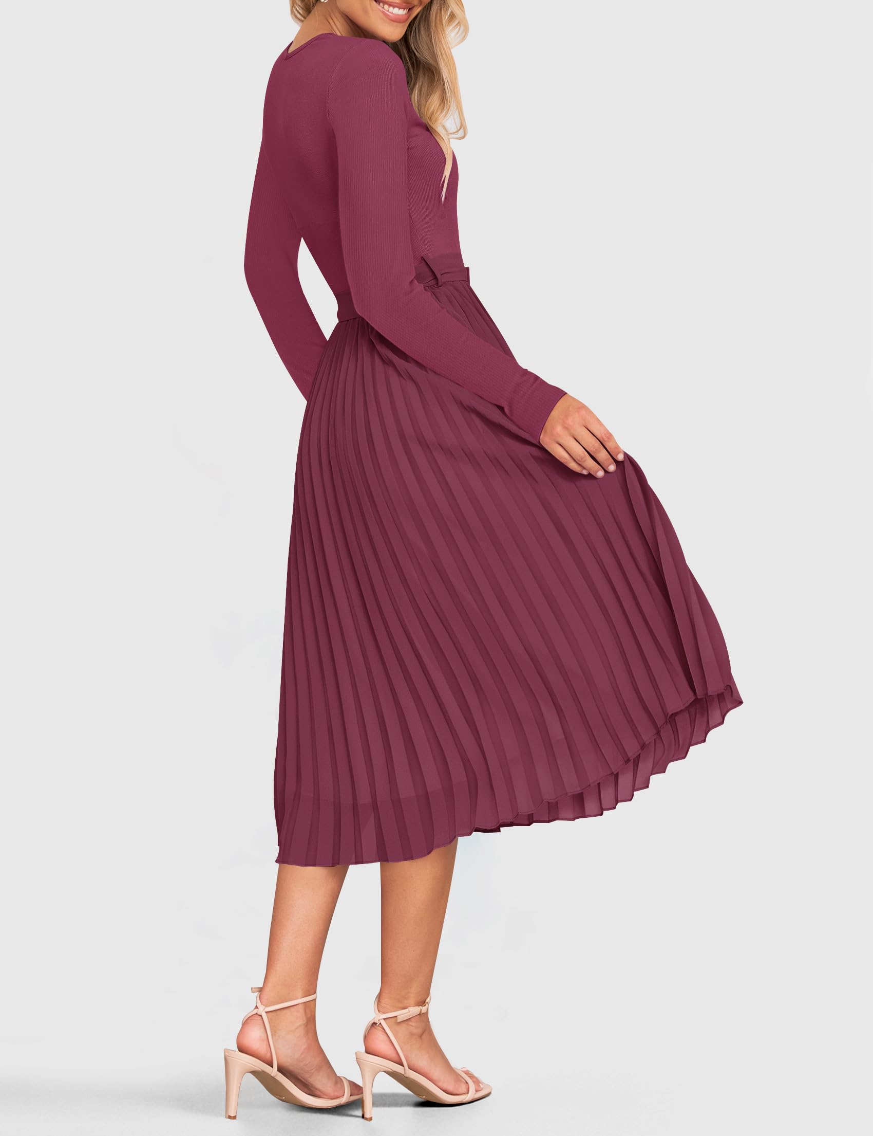 Foto 5 pulgar | Vestido Midi Zesica Otoño Manga Larga Cuello Redondo Línea A Morado Rojo - Venta Internacional.