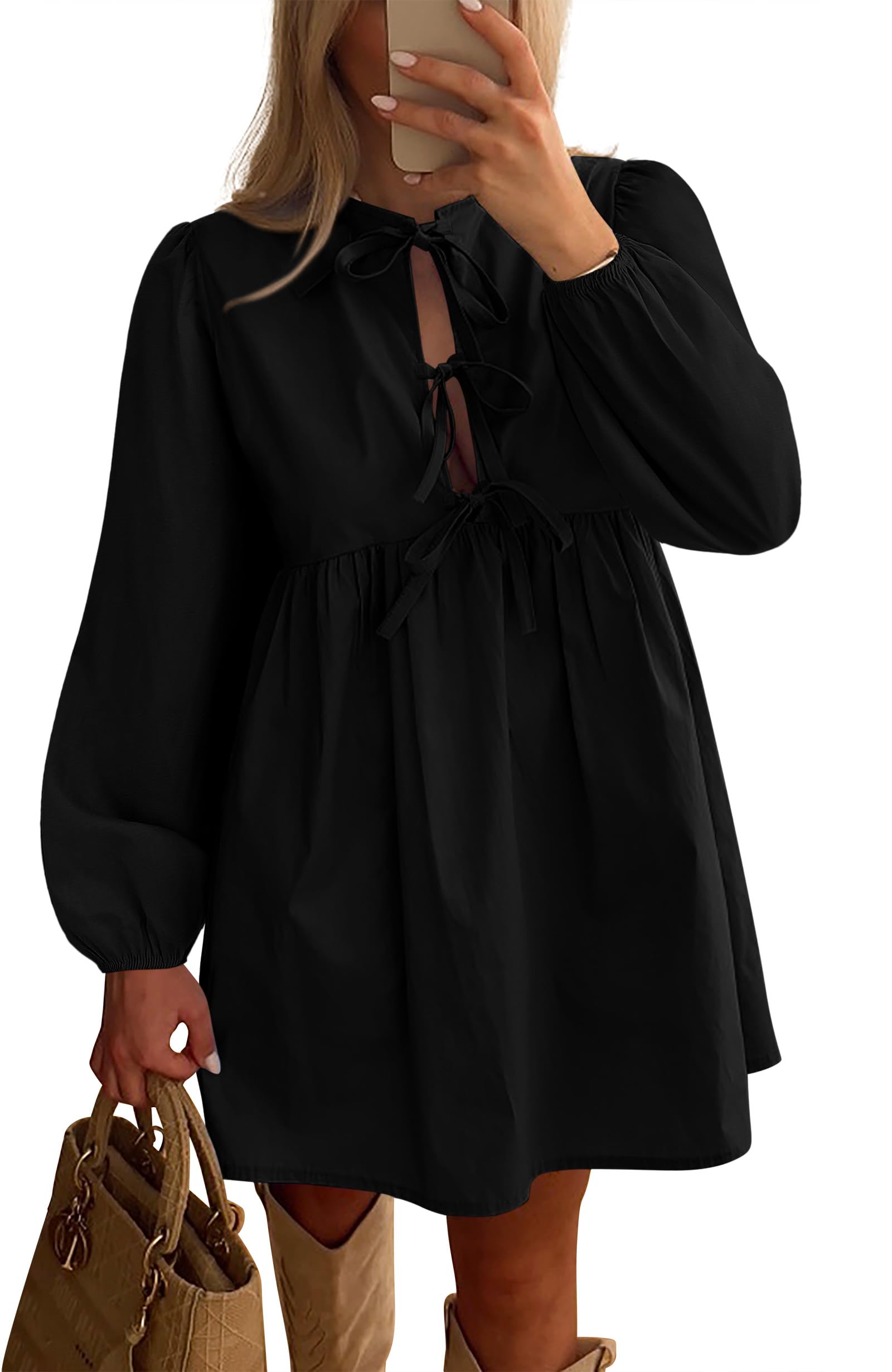 Foto 1 | Vestido Corto Casual Btfbm 2025 Con Pajarita En La Parte Delantera Y Manga Abullonada Para Mujer - Venta Internacional.